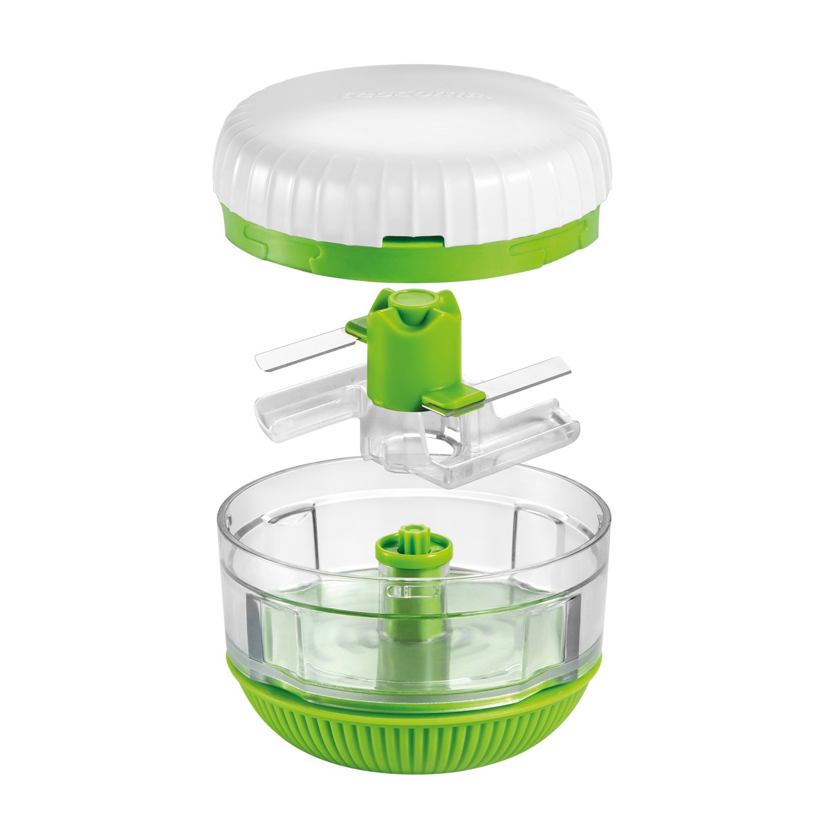 Un tritatutto manuale bianco e verde con lame e contenitore, smontato.