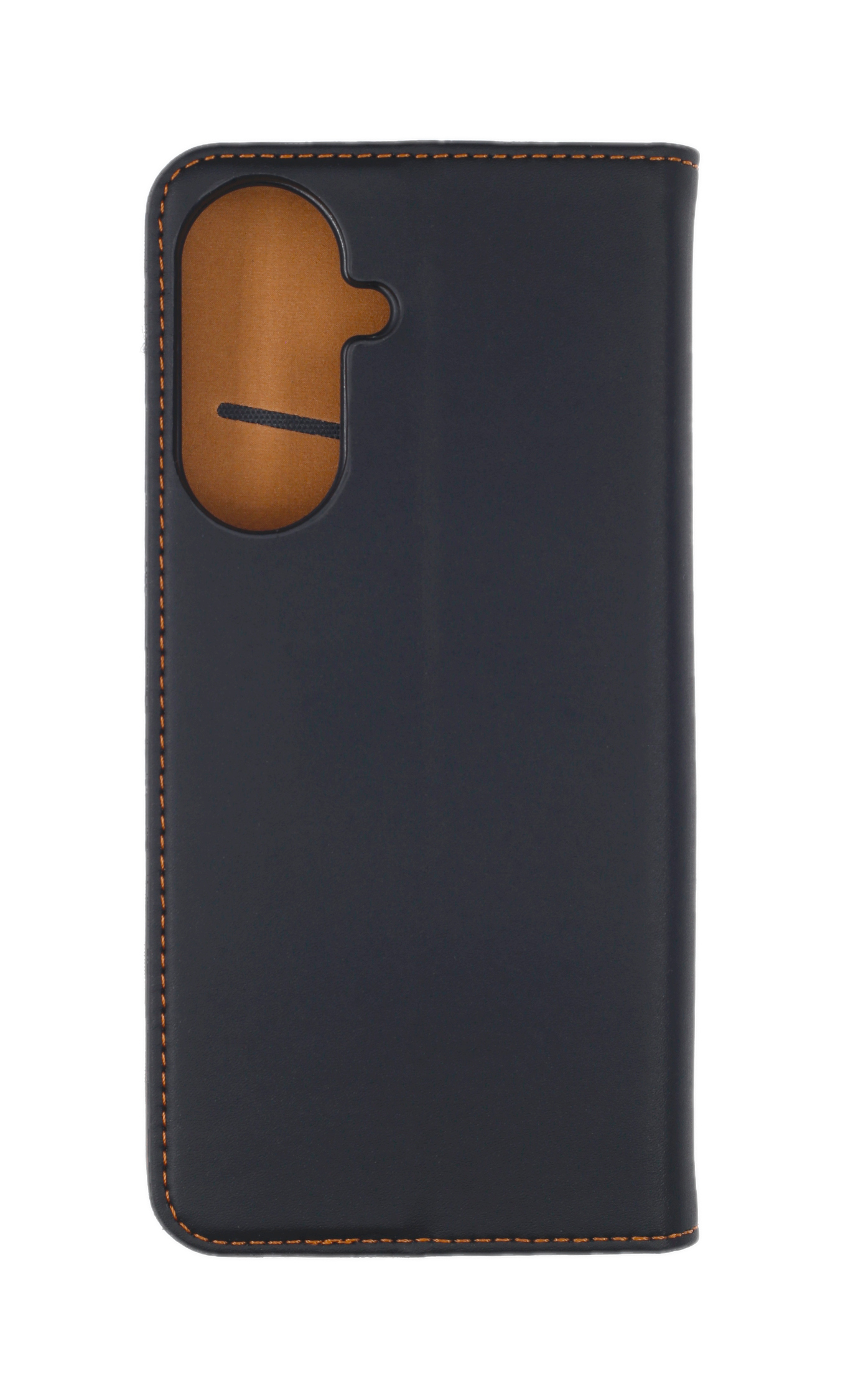 Dunkelblaues Handy-Flip-Case aus Leder mit braunem Innenfutter und Ziernähten.