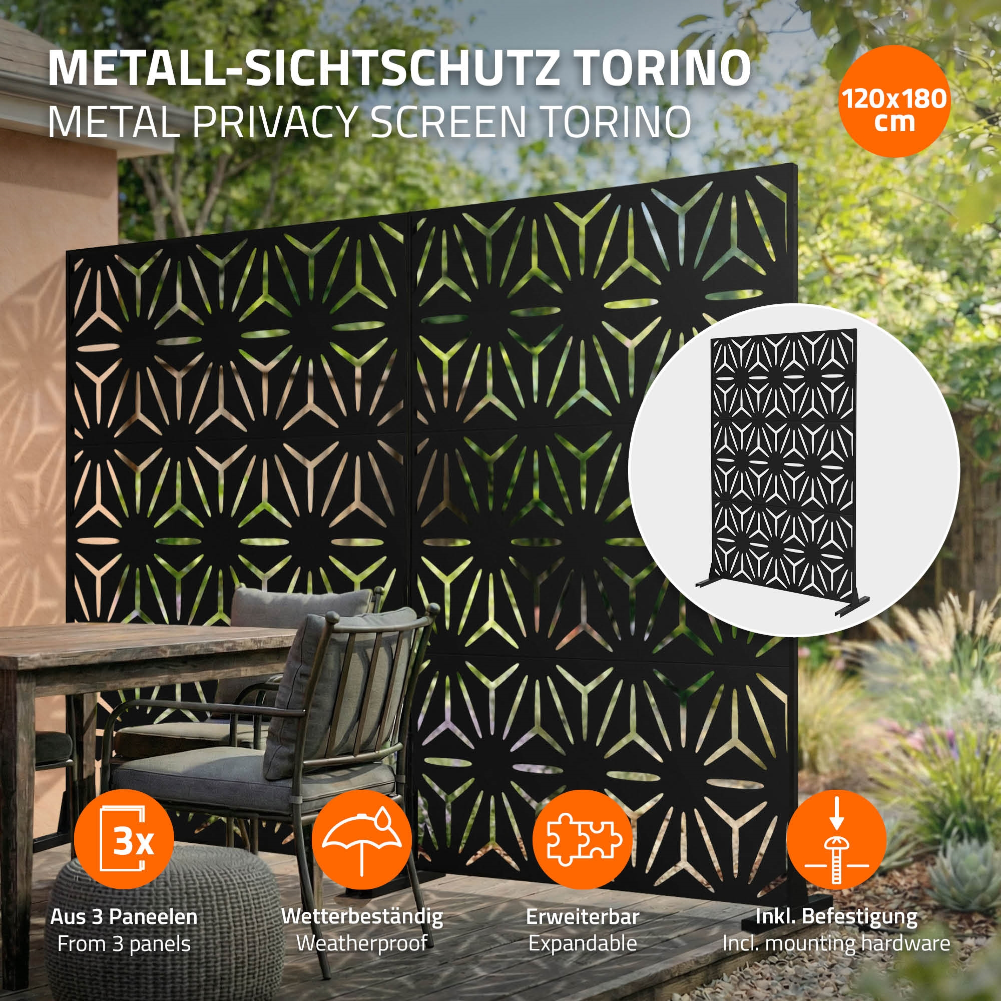 Schwarzer Metall-Sichtschutz mit geometrischem Muster. 120x180 cm.