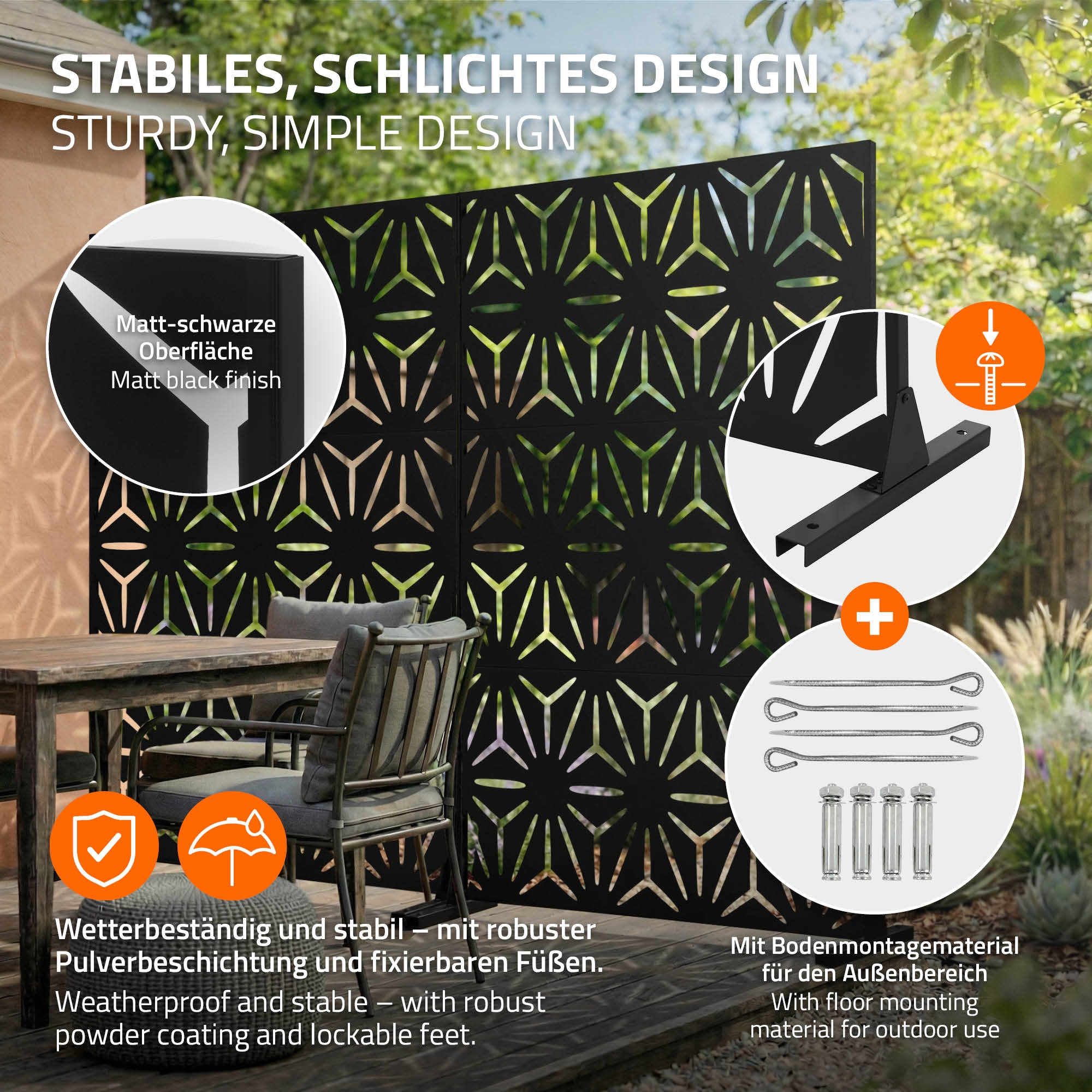 Schwarzer Sichtschutz mit geometrischem Muster und Montagezubehör.