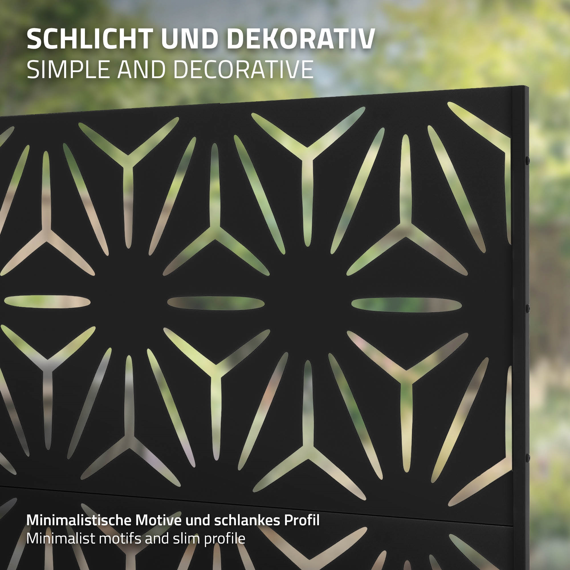 Schwarzer Dekorationseinsatz mit geometrischem Sternmotiv, leicht unscharfem Hintergrund.