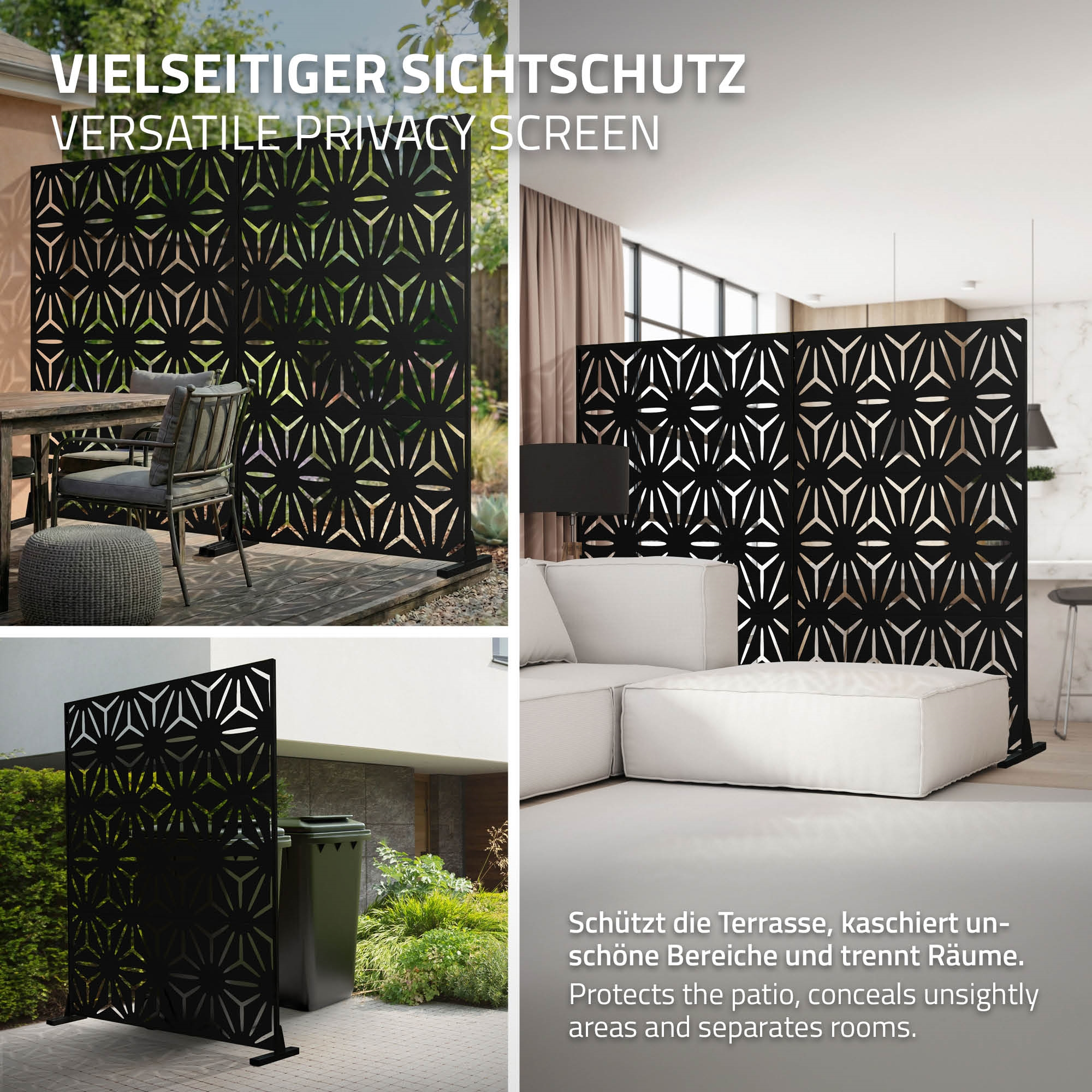 Schwarzer Sichtschutz mit geometrischem Muster, teils auf Terrasse, teils drinnen.