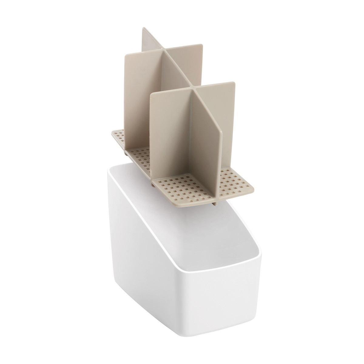 Ein weißer Behälter mit einem beige Trenneinsatz für Organisation.