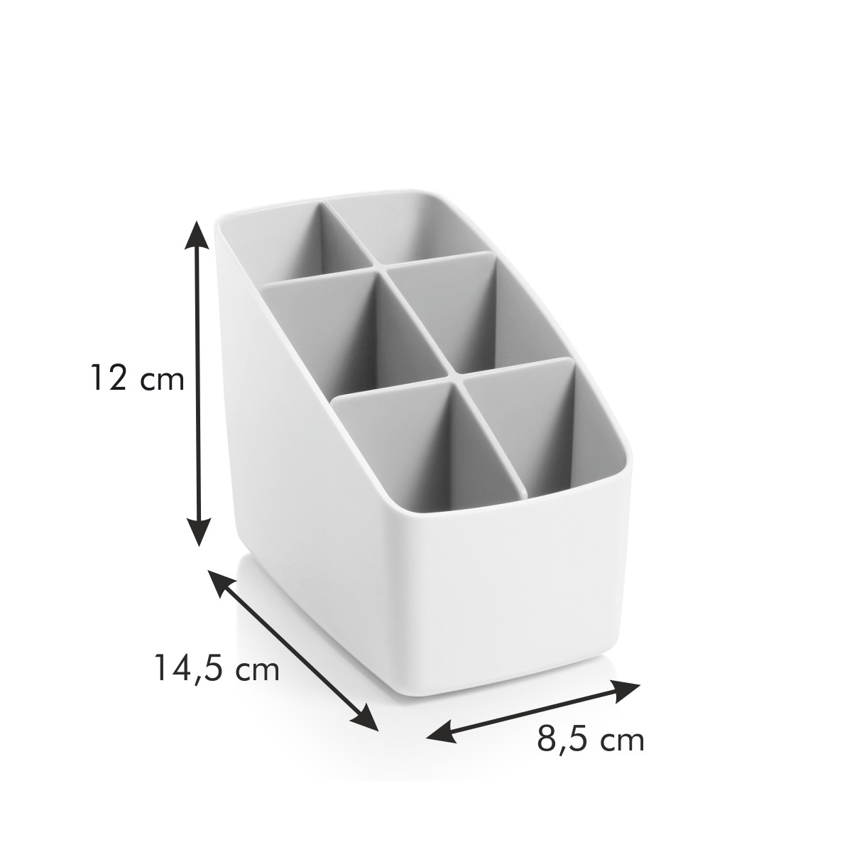 Ein weißer Organizer mit sechs Fächern, Maße 12x14,5x8,5 cm.