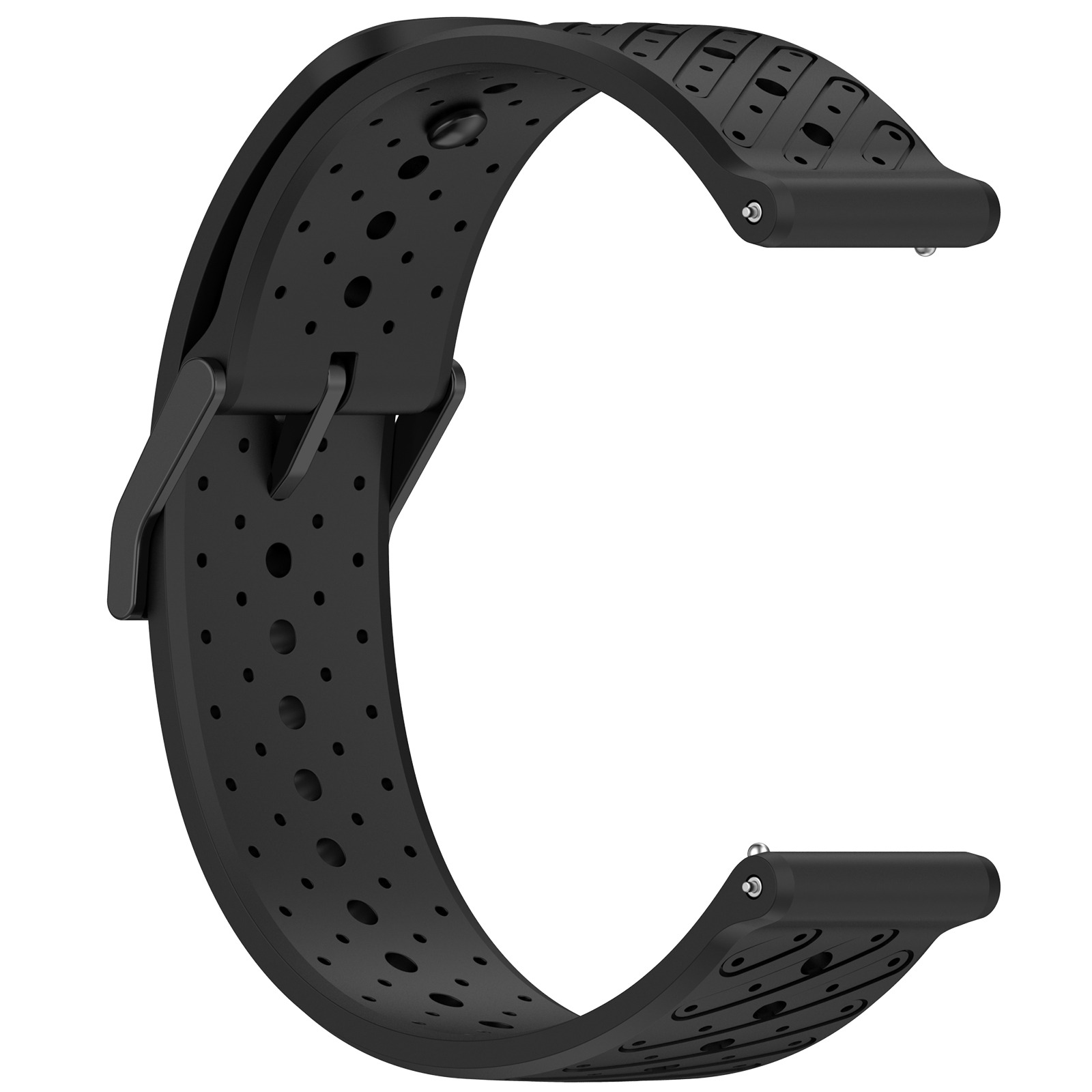 Schwarzes Uhrenarmband aus Gummi mit vielen kleinen Löchern und einer Schnalle.
