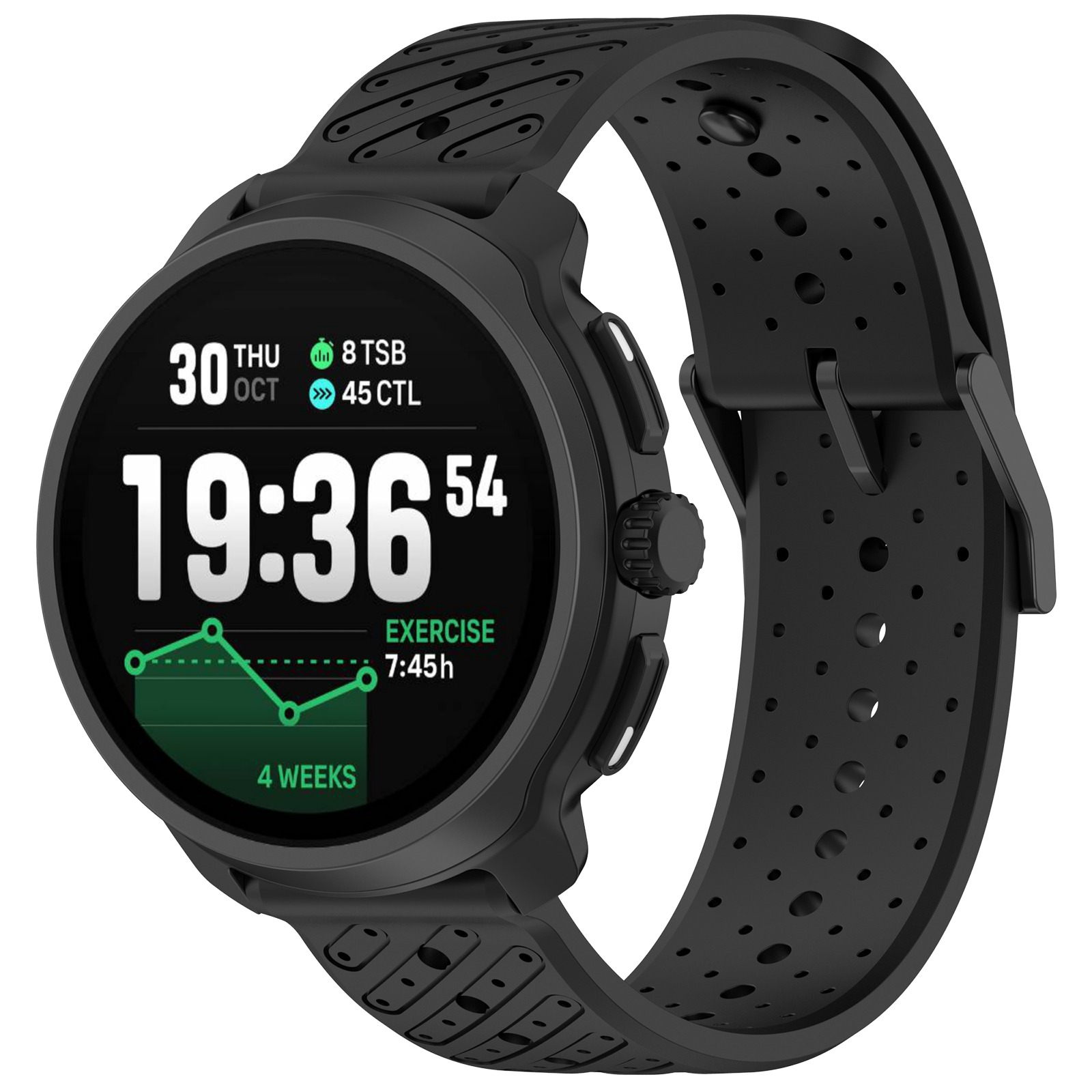Schwarze Smartwatch mit perforiertem Armband und Trainingsdaten auf dem Zifferblatt.