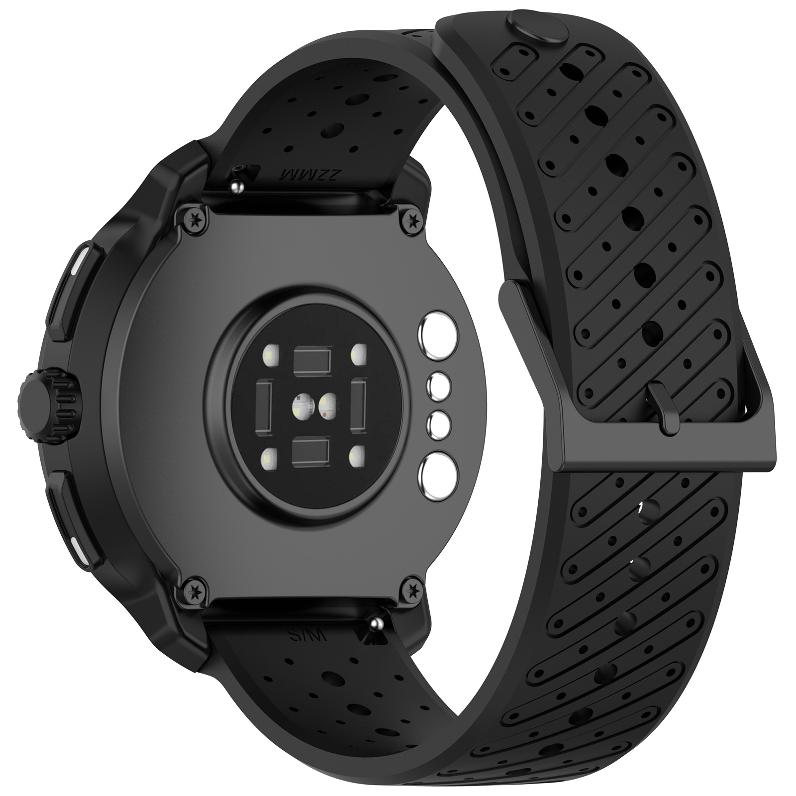 Schwarze Smartwatch-Rückseite mit Herzfrequenzsensor und perforiertem Armband.