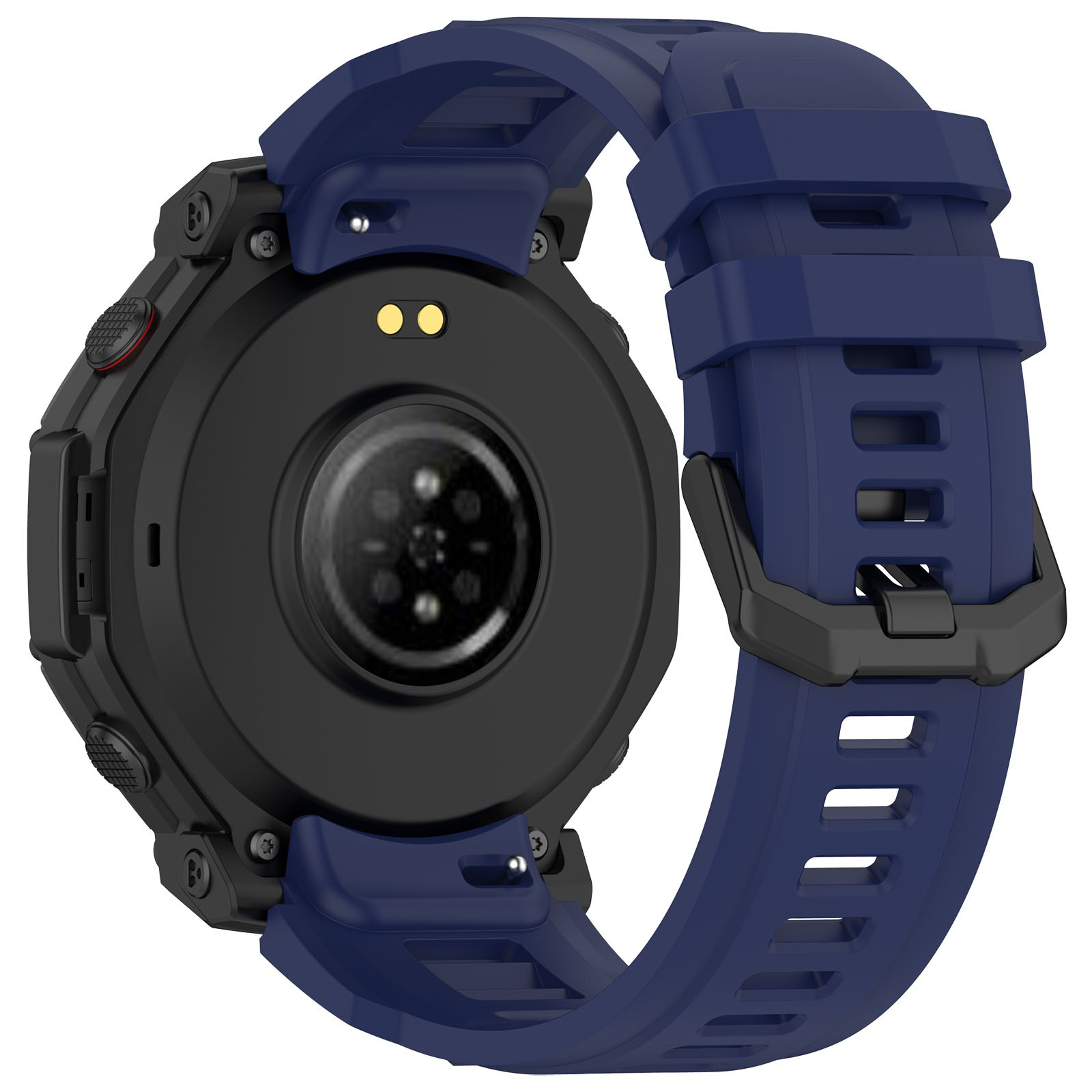 Rückseite einer schwarzen Smartwatch mit blauem Armband und Herzfrequenzsensor.