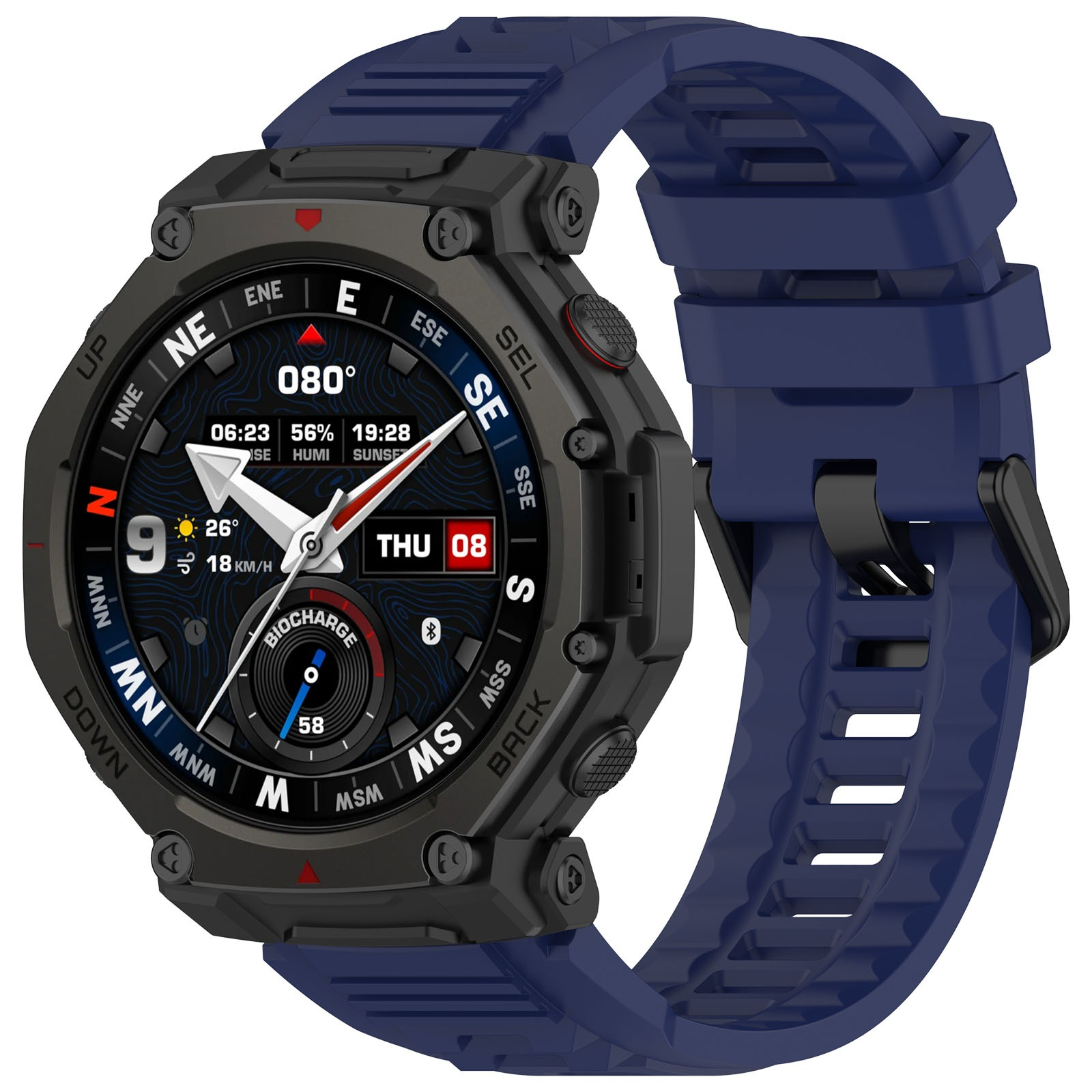 Moderne schwarze Smartwatch mit blauem Armband und detailliertem Zifferblatt.