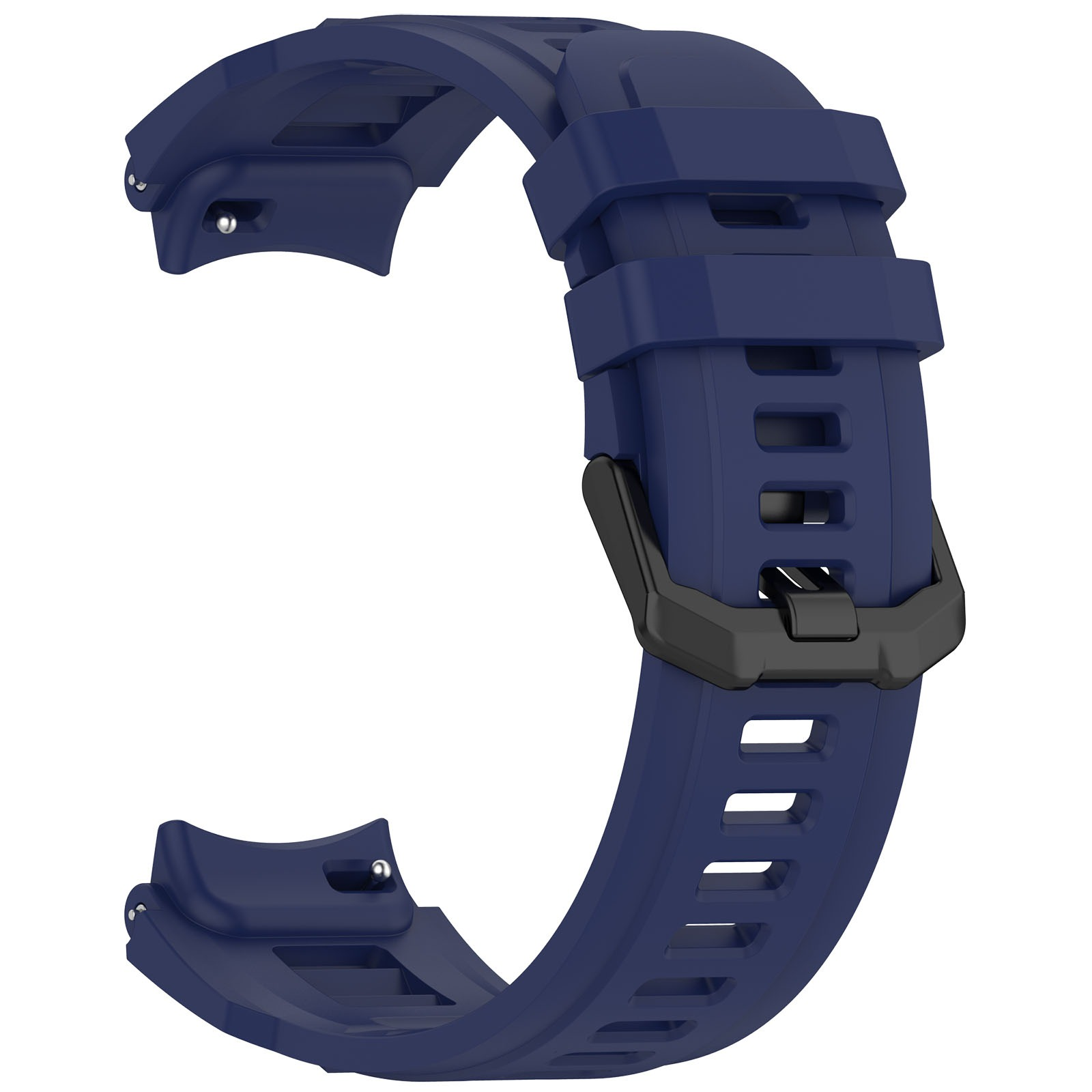 Dunkelblaue Uhrenarmband aus Gummi mit schwarzer Schnalle und Lochmuster.