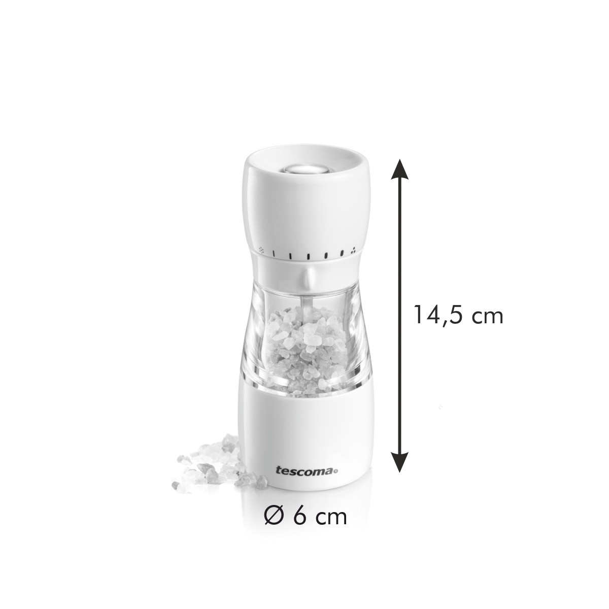 Eine weiße Salz- oder Pfeffermühle aus Kunststoff und Glas mit grobem Salz.
