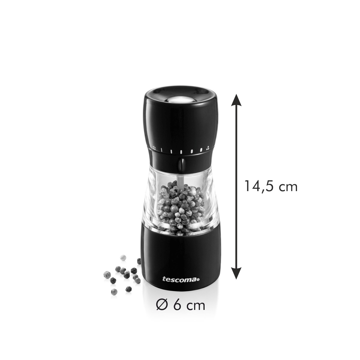 Schwarze Pfeffermühle aus Kunststoff und Glas mit ganzen Pfefferkörnern.