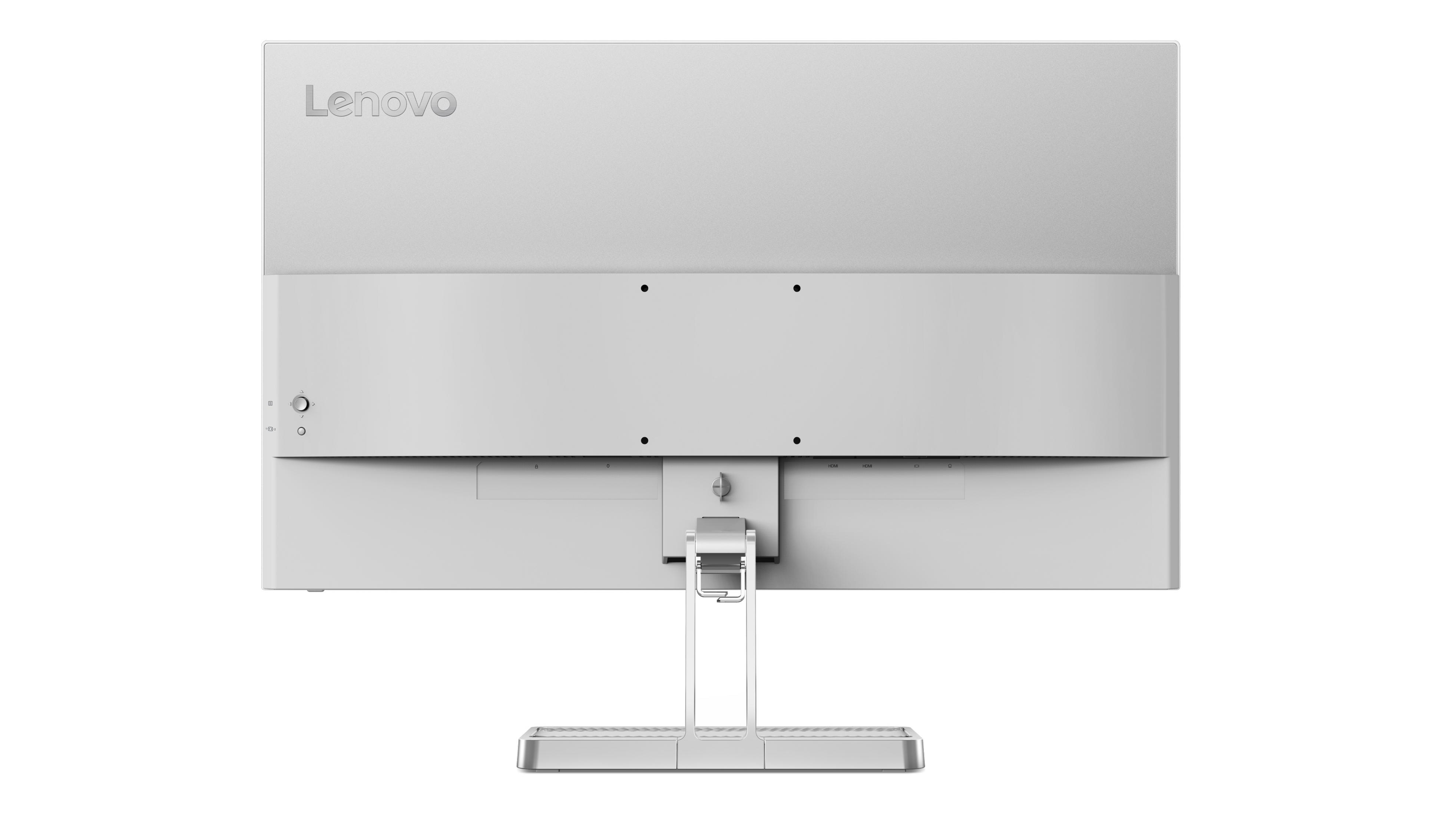 Bağlantı noktaları ve standı olan beyaz Lenovo monitörün arkası. Lenovo logosu görünür.