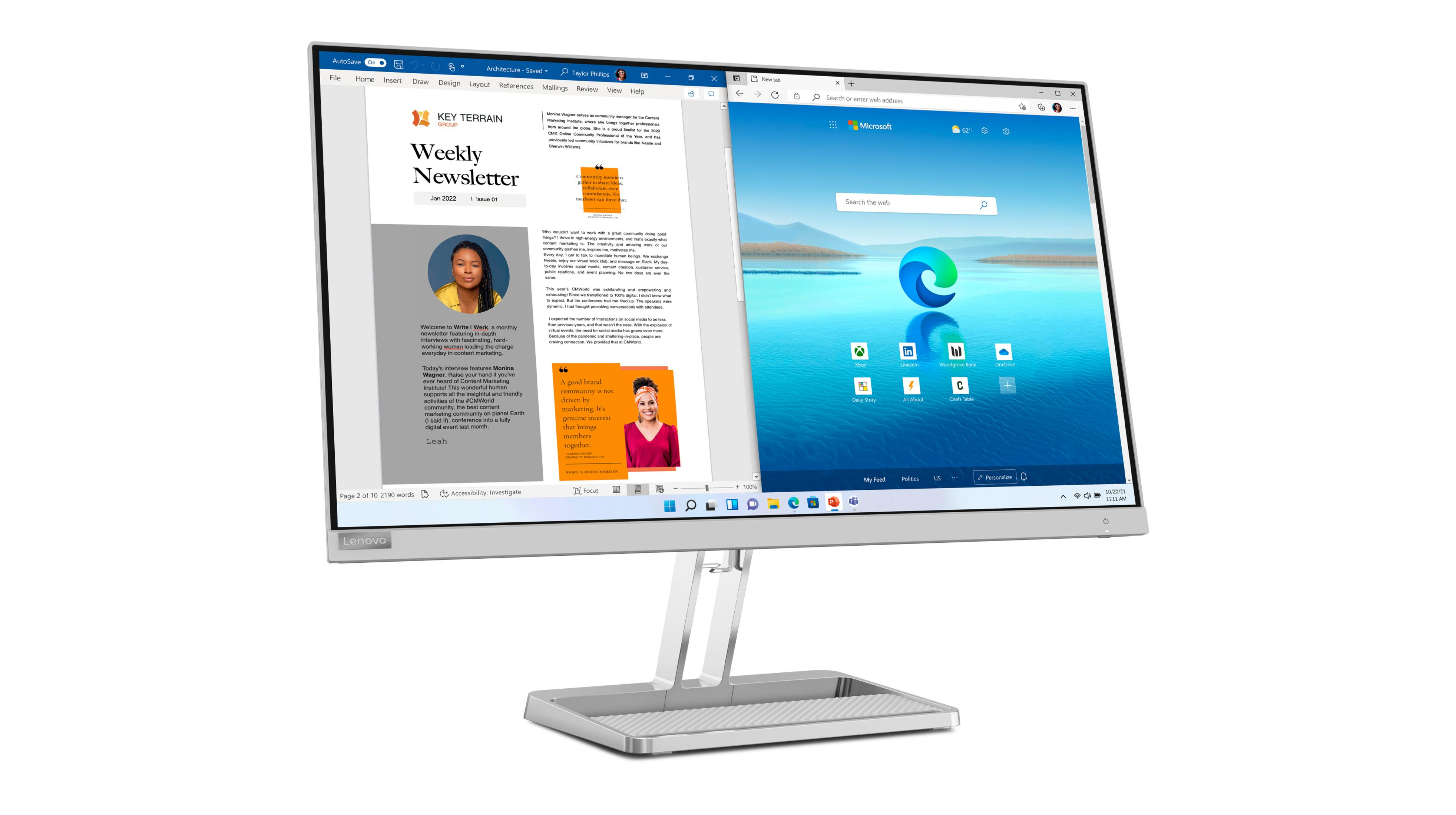 Bir Lenovo monitör, makale içeren bir web sayfasını ve bir Microsoft Edge başlangıç sayfasını gösteriyor.