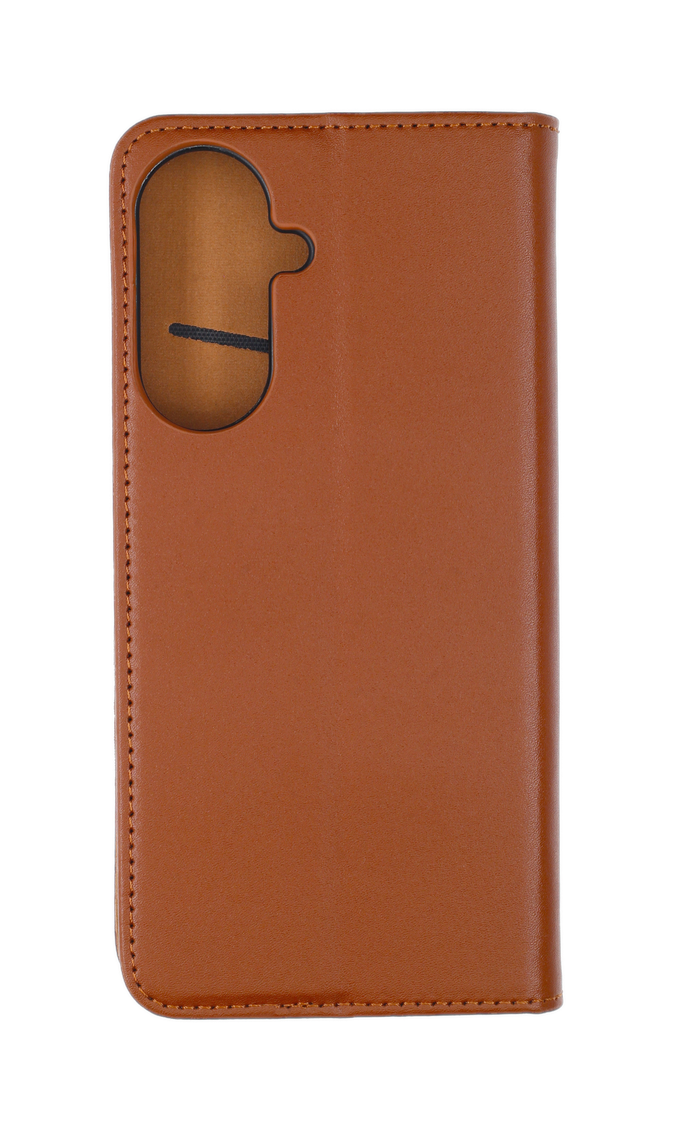 Braune Leder-Handyhülle mit Aussparung für Kamera und Display.