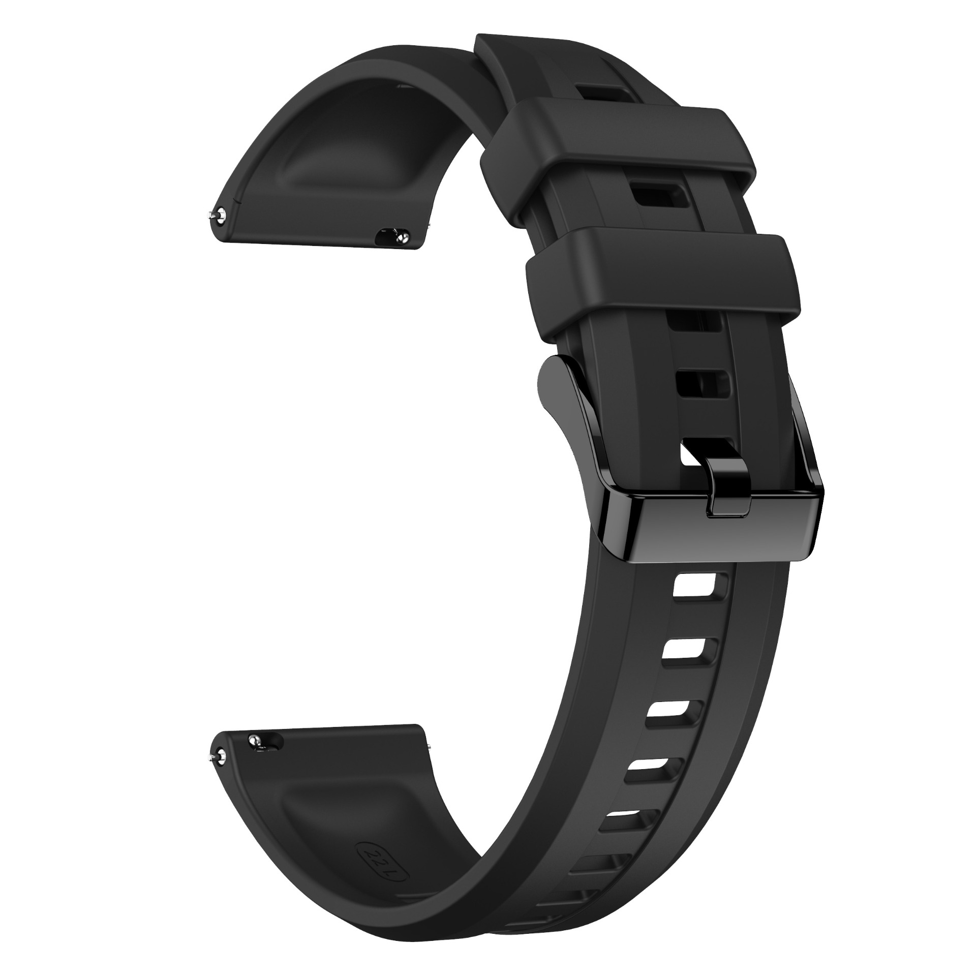 Ein schwarzes, flexibles Armband mit einer Metallschnalle und Lochmuster.