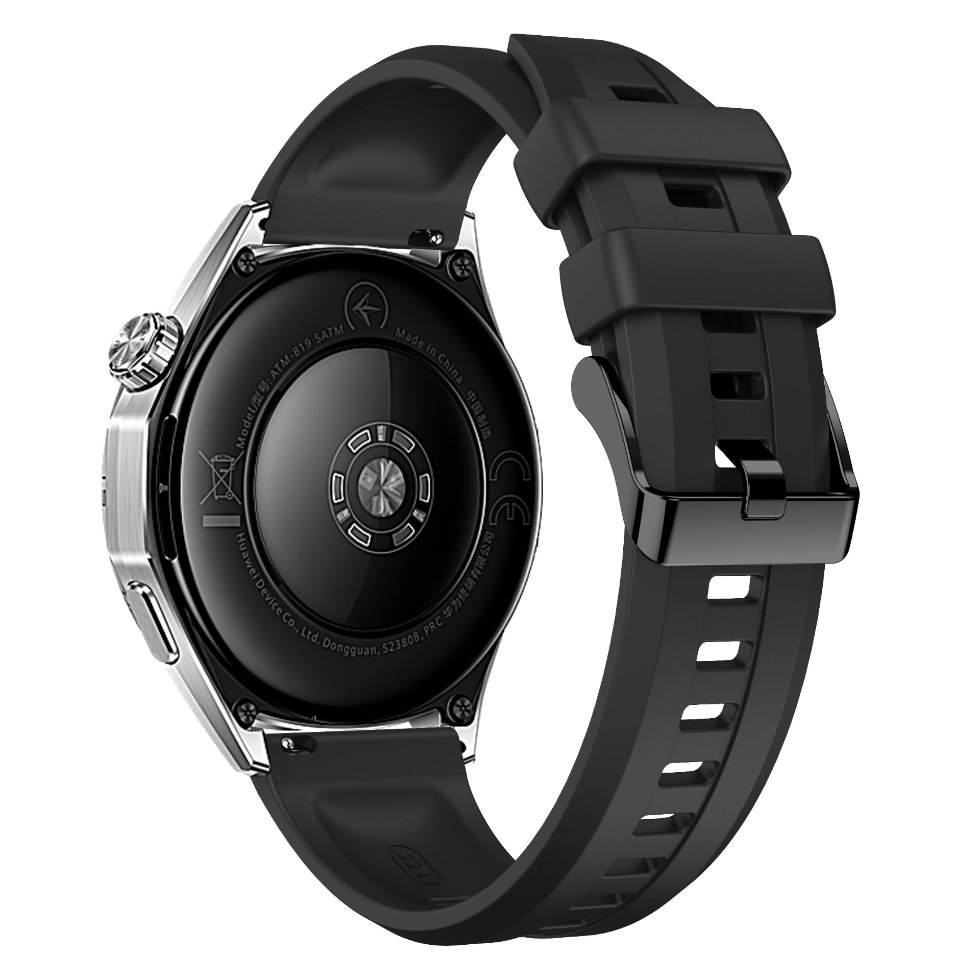 Rückseite einer schwarzen Smartwatch mit Metallschnalle und Silikonarmband.