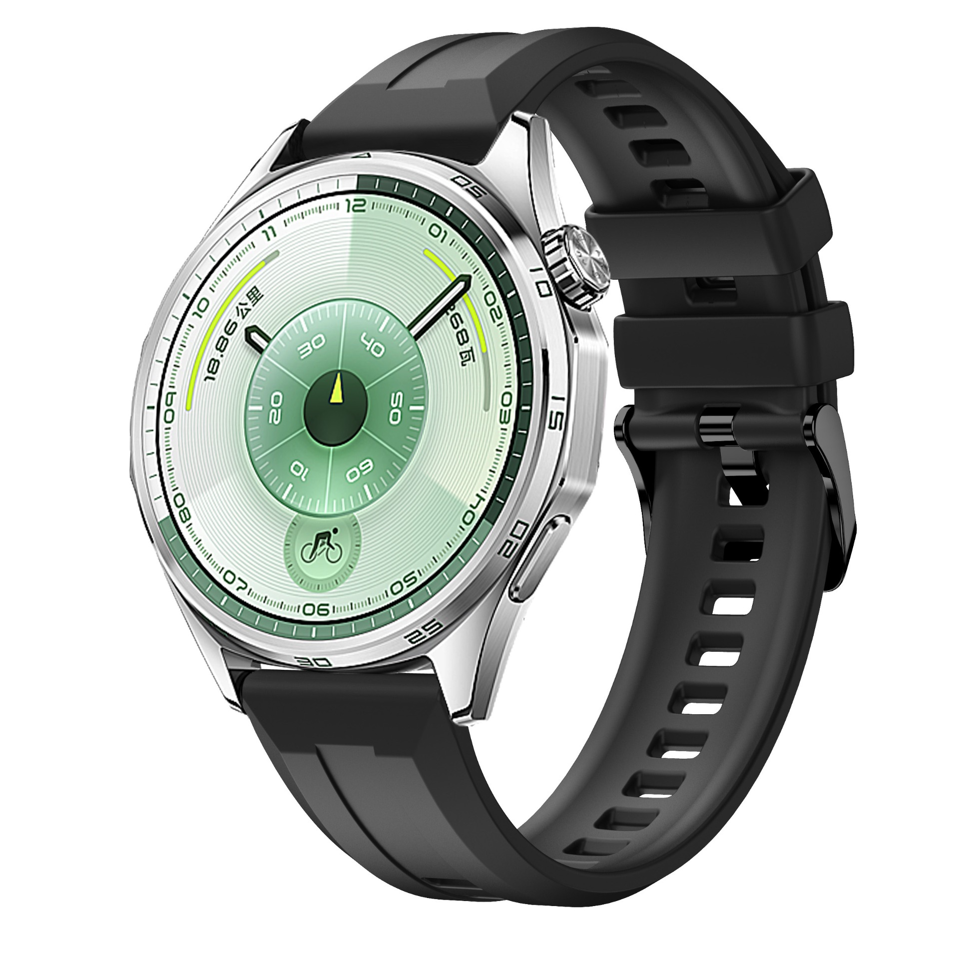 Silberne Smartwatch mit schwarzem Armband und grünem Zifferblatt.