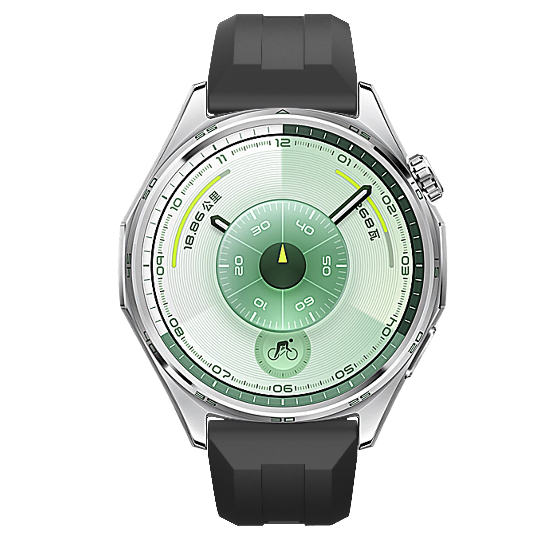 Silberne Smartwatch mit schwarzem Armband und grünem Zifferblatt.