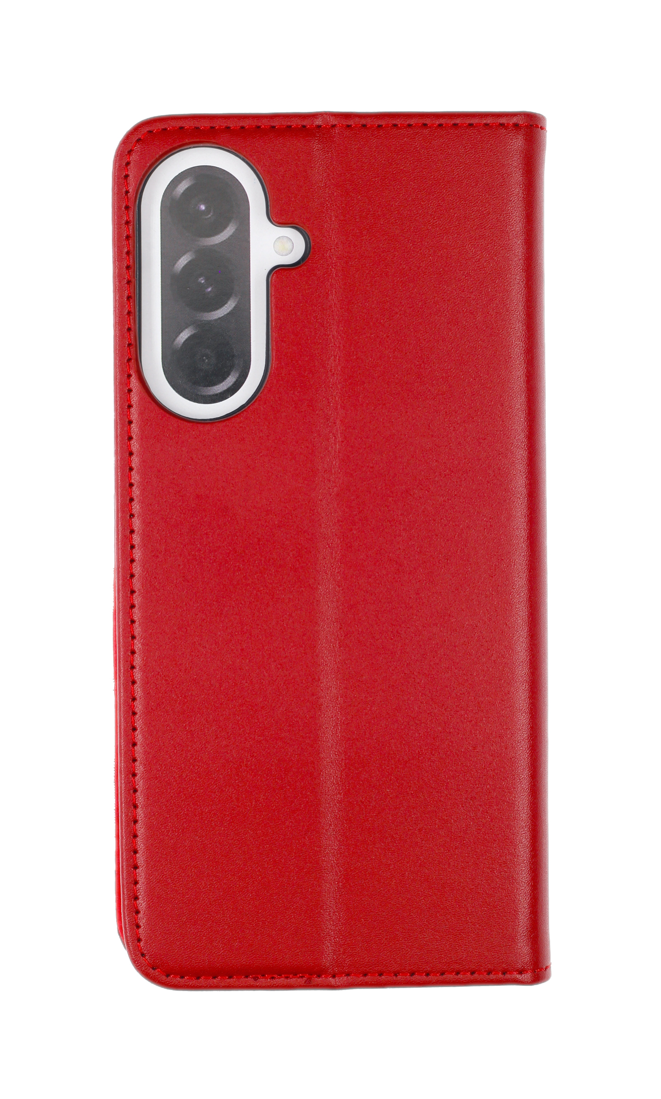 Rotes Leder-Flip-Case mit Kameraausschnitt und Nähten, isoliert auf Weiß.