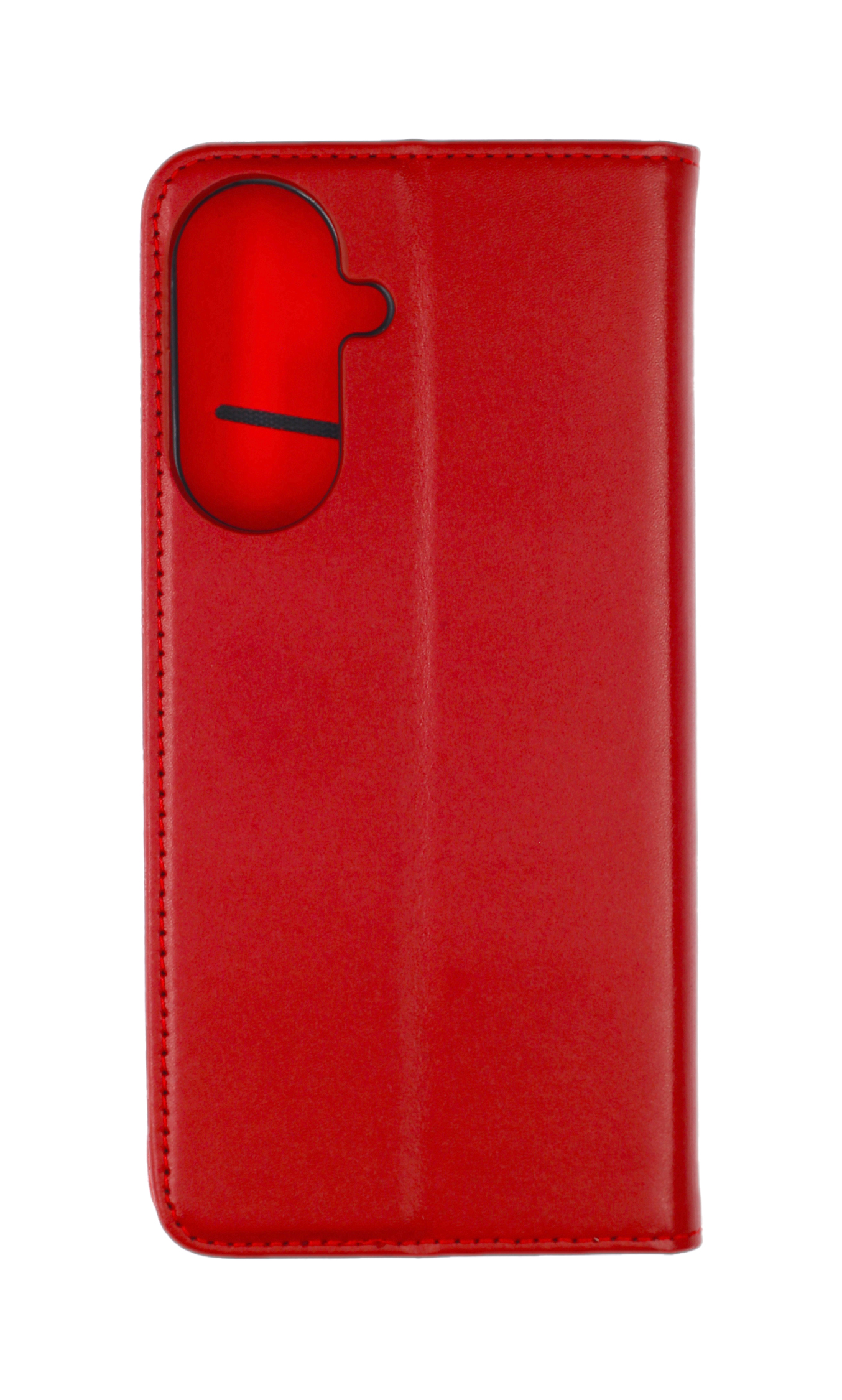 Rotes Leder-Flip-Case mit Ausschnitt für Kamera und Blitz.