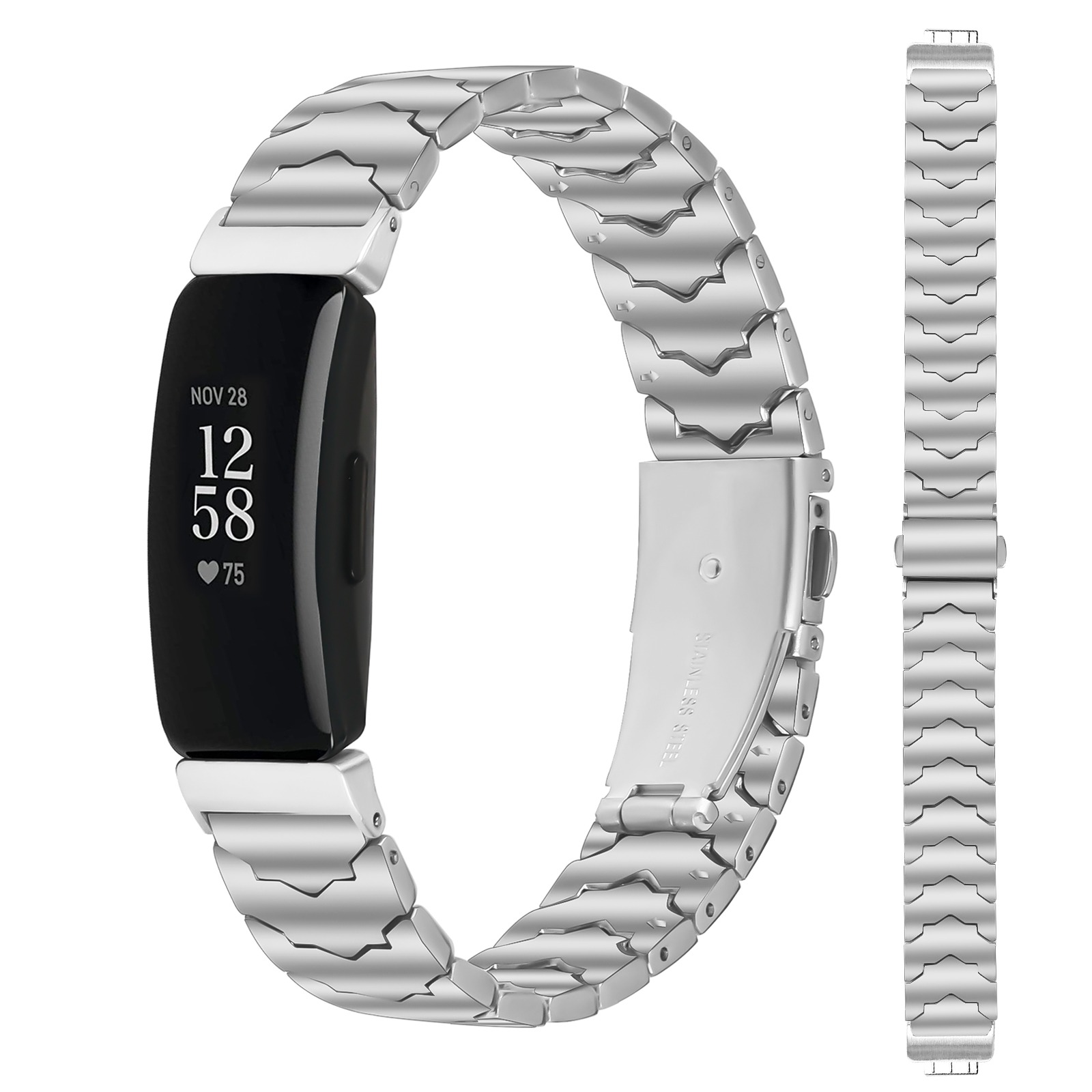 Ein silbernes Armband für ein Fitnessarmband mit schwarzem Display.