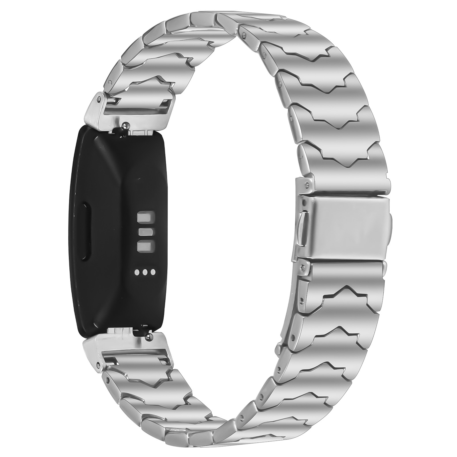 Ein silbernes Armband aus Metall für ein Fitness-Tracker-Gerät.