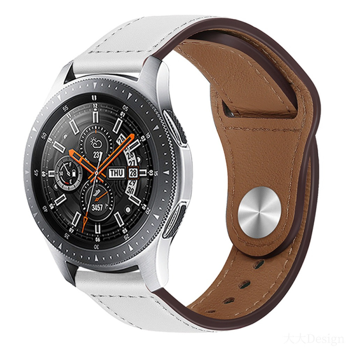 Eine silberne Smartwatch mit weißem Lederarmband und braunem Innenfutter.