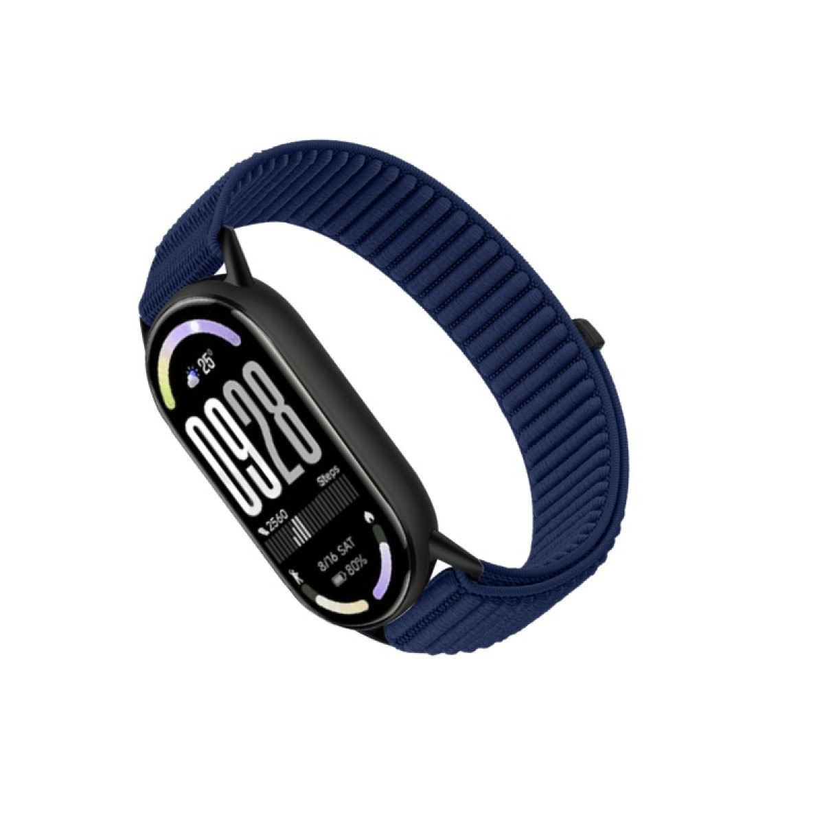 Ein blaues Fitnessarmband mit schwarzem Display zeigt 09:28 Uhr, 25 Grad und 80% Akku.