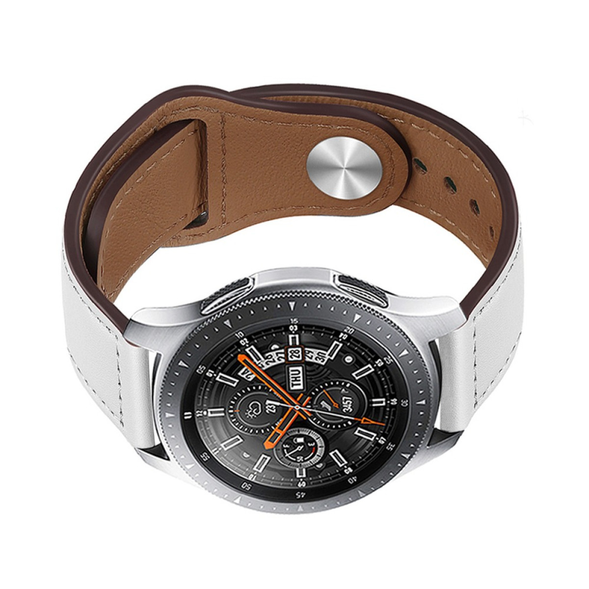 Eine silberne Smartwatch mit weißem und braunem Lederarmband.