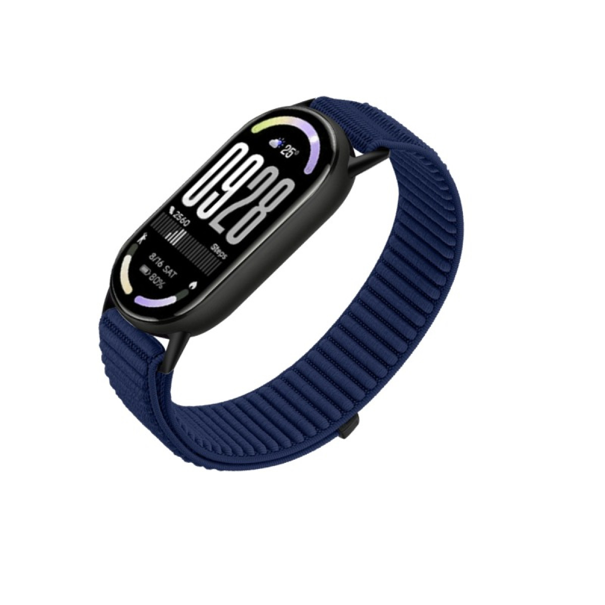 Eine dunkelblaue Smartwatch mit digitaler Anzeige auf weißem Hintergrund.