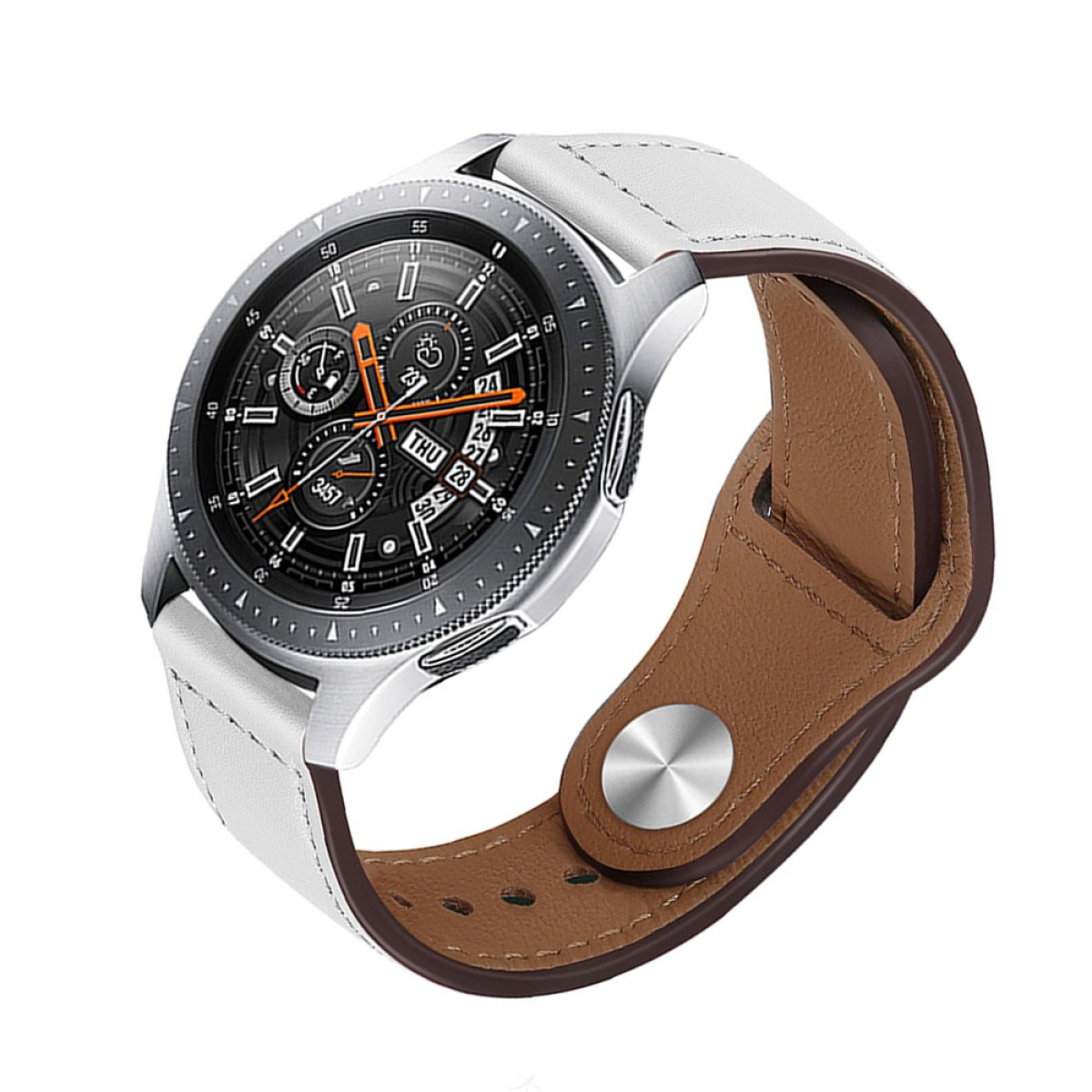 Eine silberne Smartwatch mit weißem Lederarmband und braunem Innenfutter.