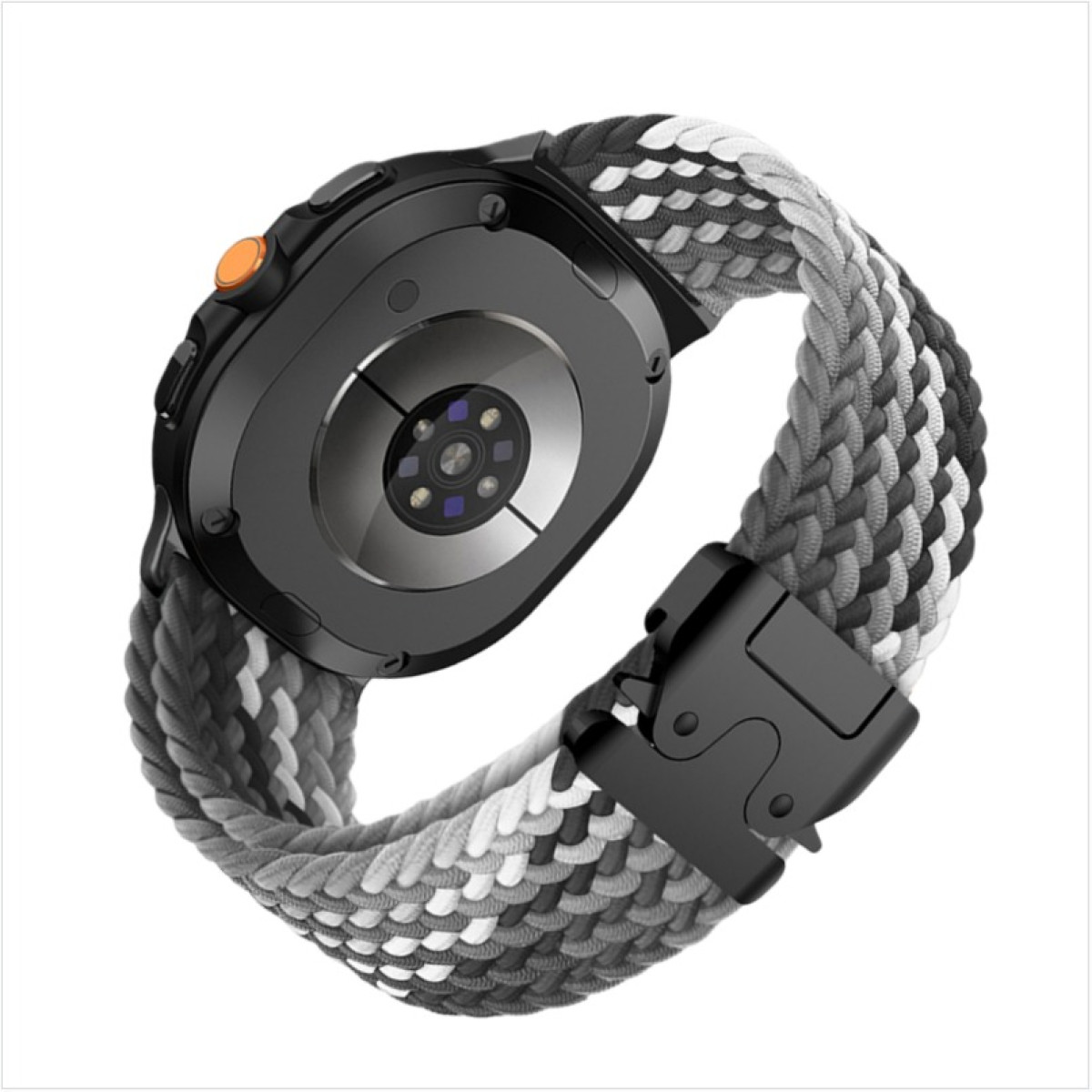 Retro di uno smartwatch nero con cinturino intrecciato nei toni del grigio, nero e bianco.
