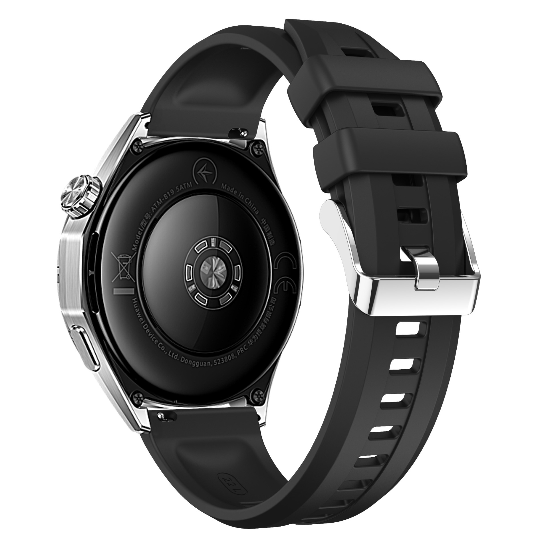 Rückseite einer schwarzen Smartwatch mit silberner Schnalle und Armband.