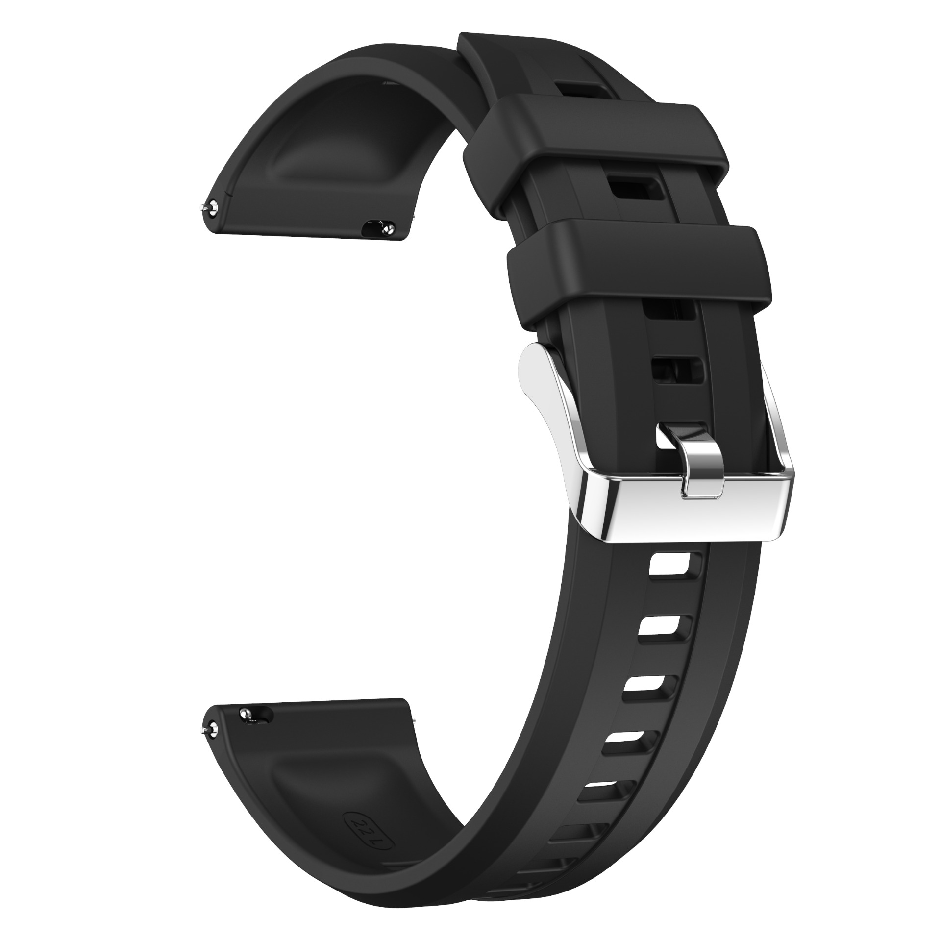 Schwarzes Uhrenarmband aus Gummi mit Metallschnalle und Löchern.