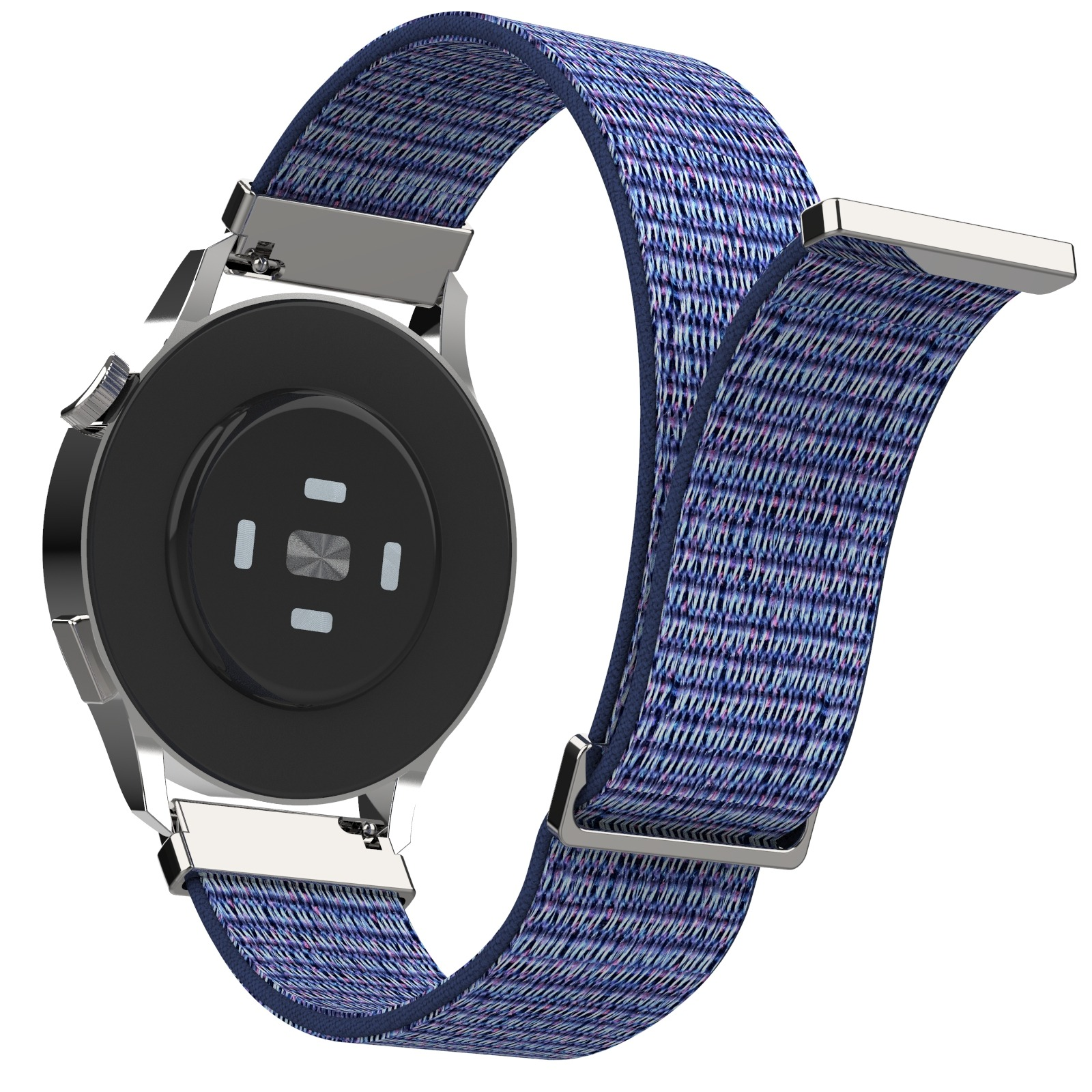 Rückseite einer Smartwatch mit blauem Stoffarmband und Metallschnalle.