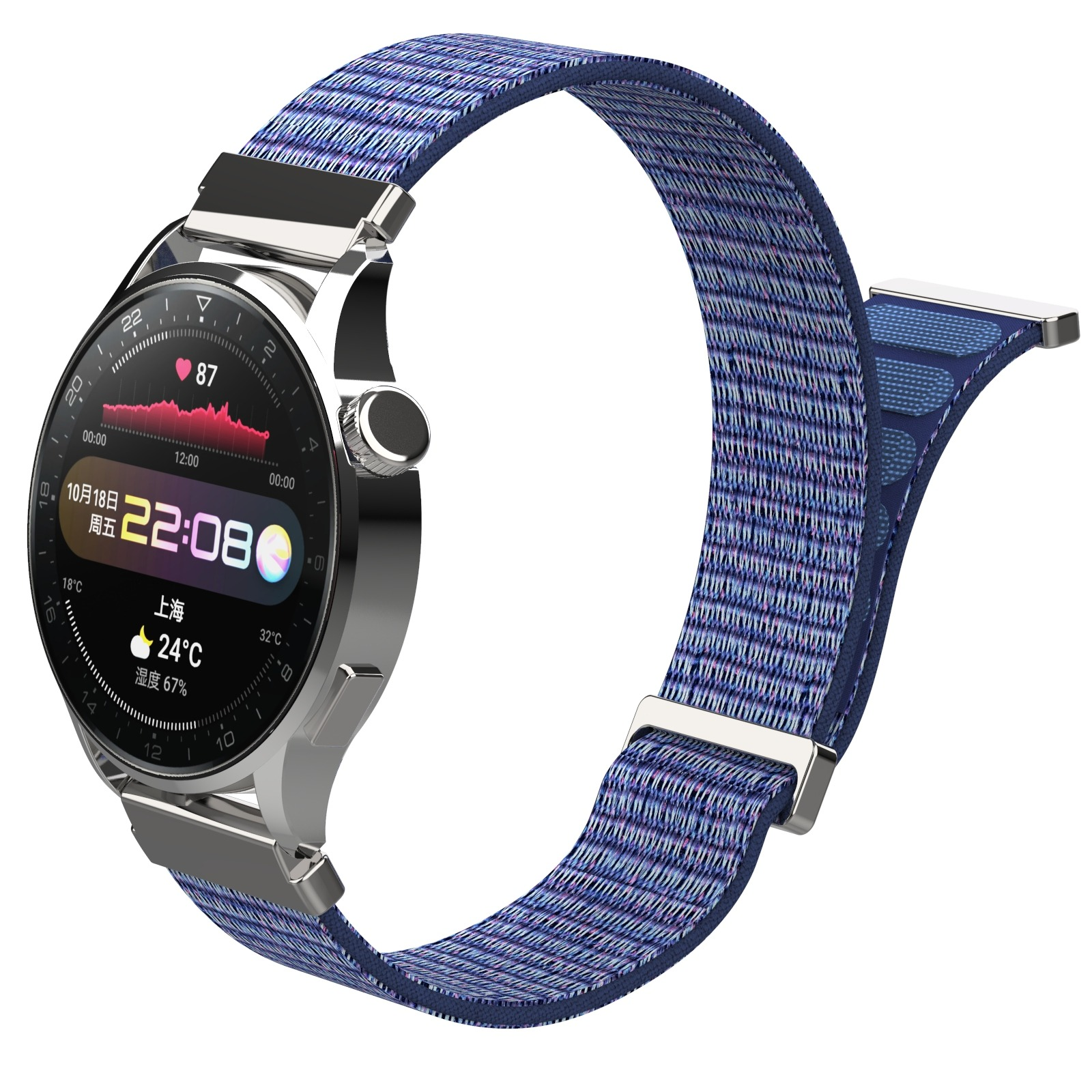 Silberne Smartwatch mit blauem Stoffarmband. Zeigt 22:08 Uhr, 24°C, Herzfrequenz 87.