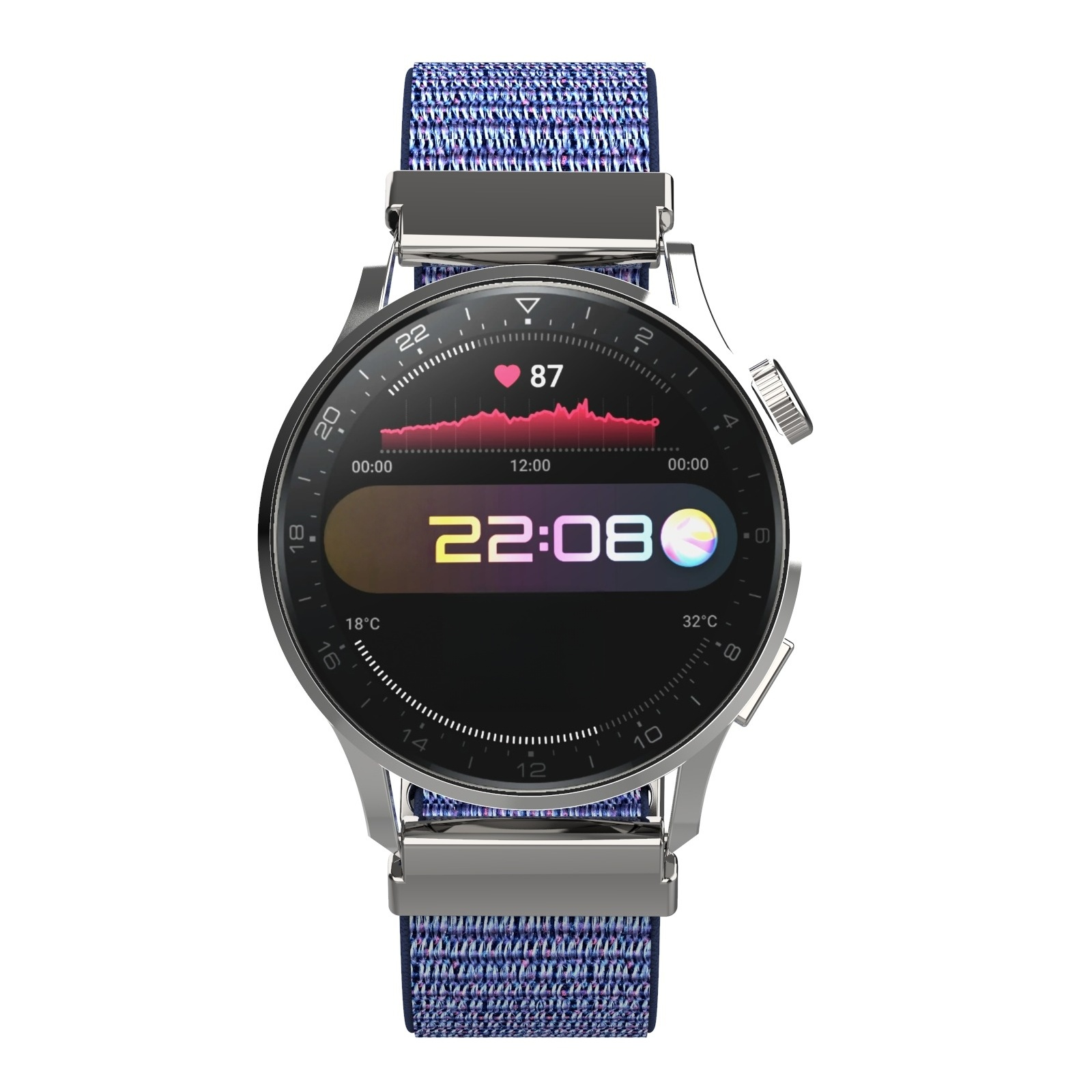Eine Smartwatch mit blauem Band zeigt 22:08 Uhr, Herzfrequenz und Temperatur.
