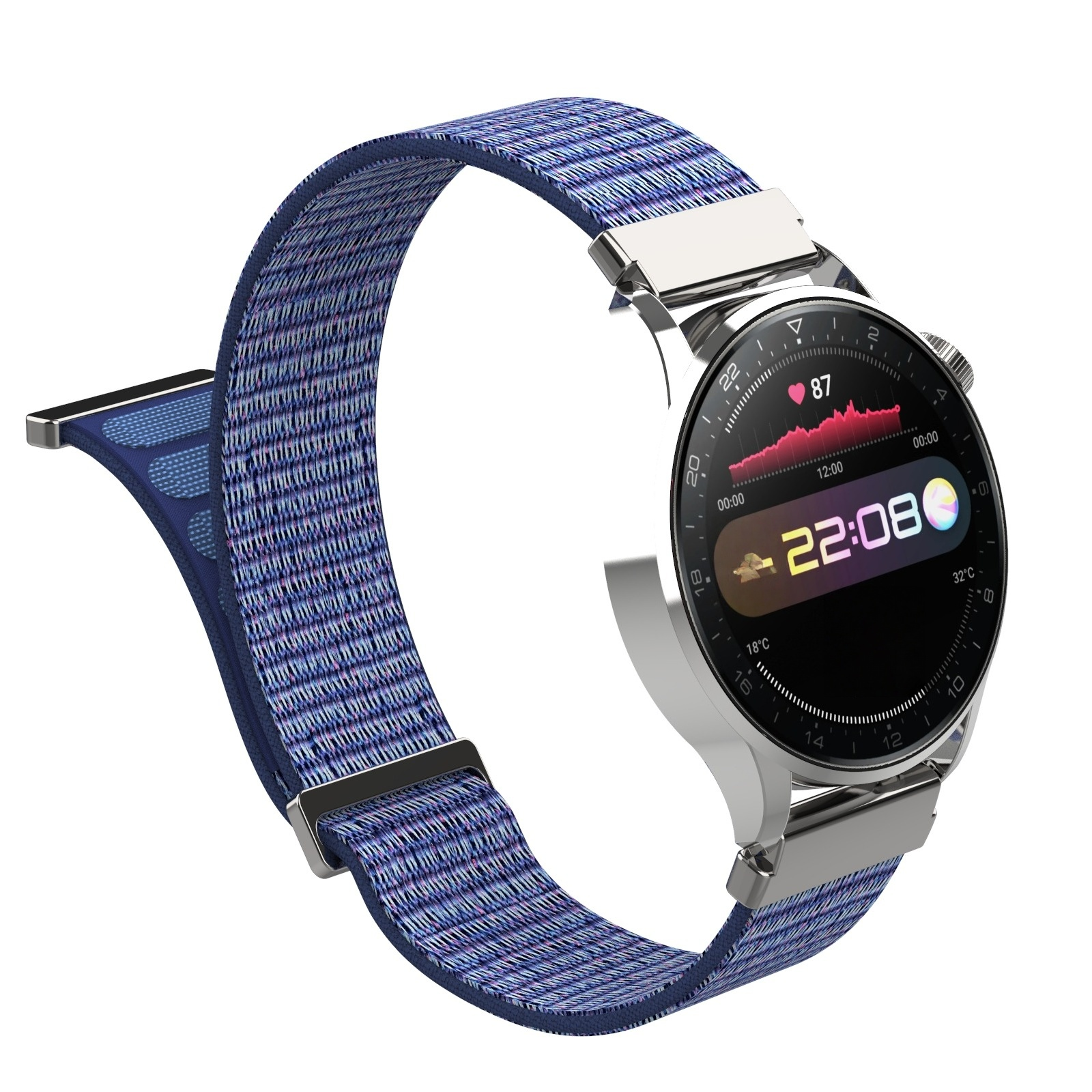 Eine silberne Smartwatch mit blauem Stoffarmband zeigt 22:08 Uhr und Herzfrequenzdaten an.