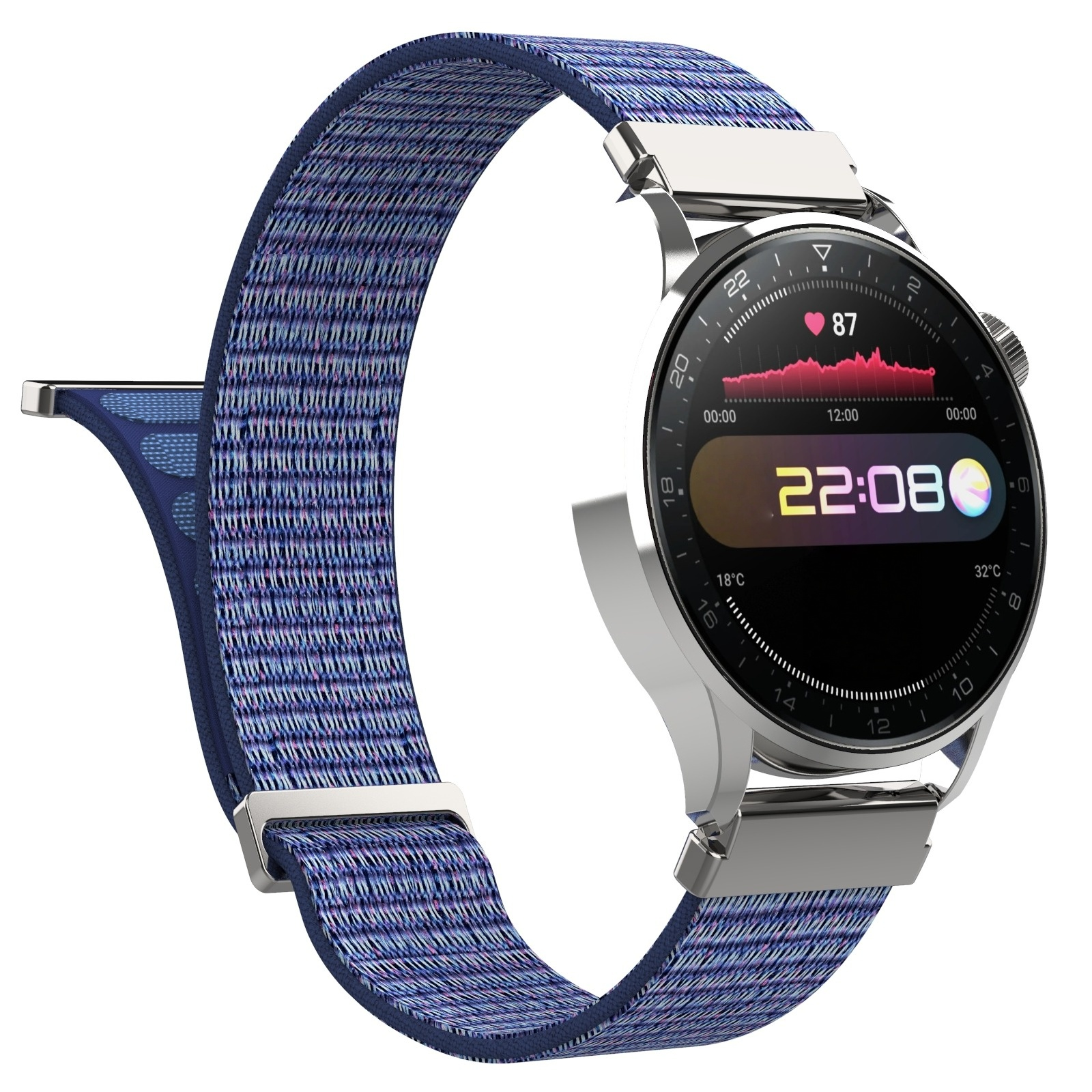 Eine smarte Uhr mit blauem Stoffarmband zeigt 22:08 Uhr, Herzfrequenz und Temperatur.