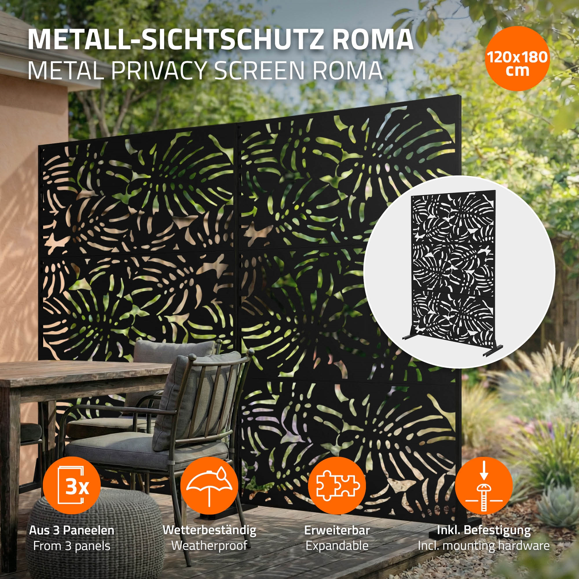 Schwarzer Metall-Sichtschutz mit Blattmuster, 120x180 cm, neben Tisch und Stühlen.