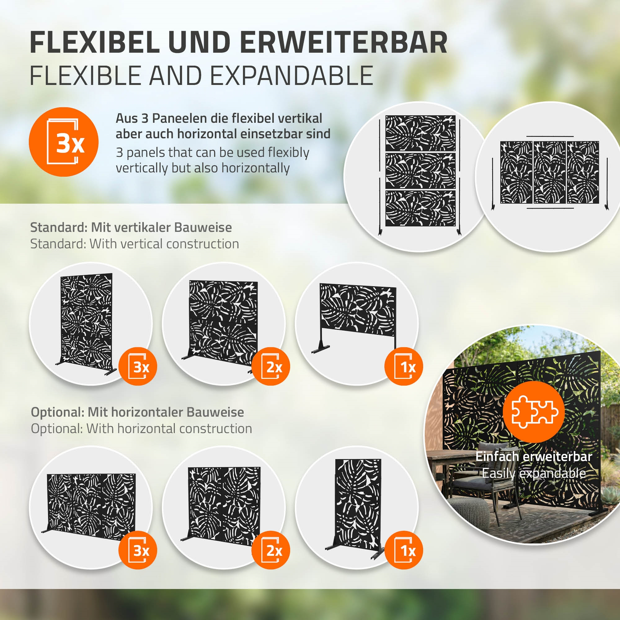 Flexible und erweiterbare Paneele mit Blattmuster, vertikal und horizontal montierbar.