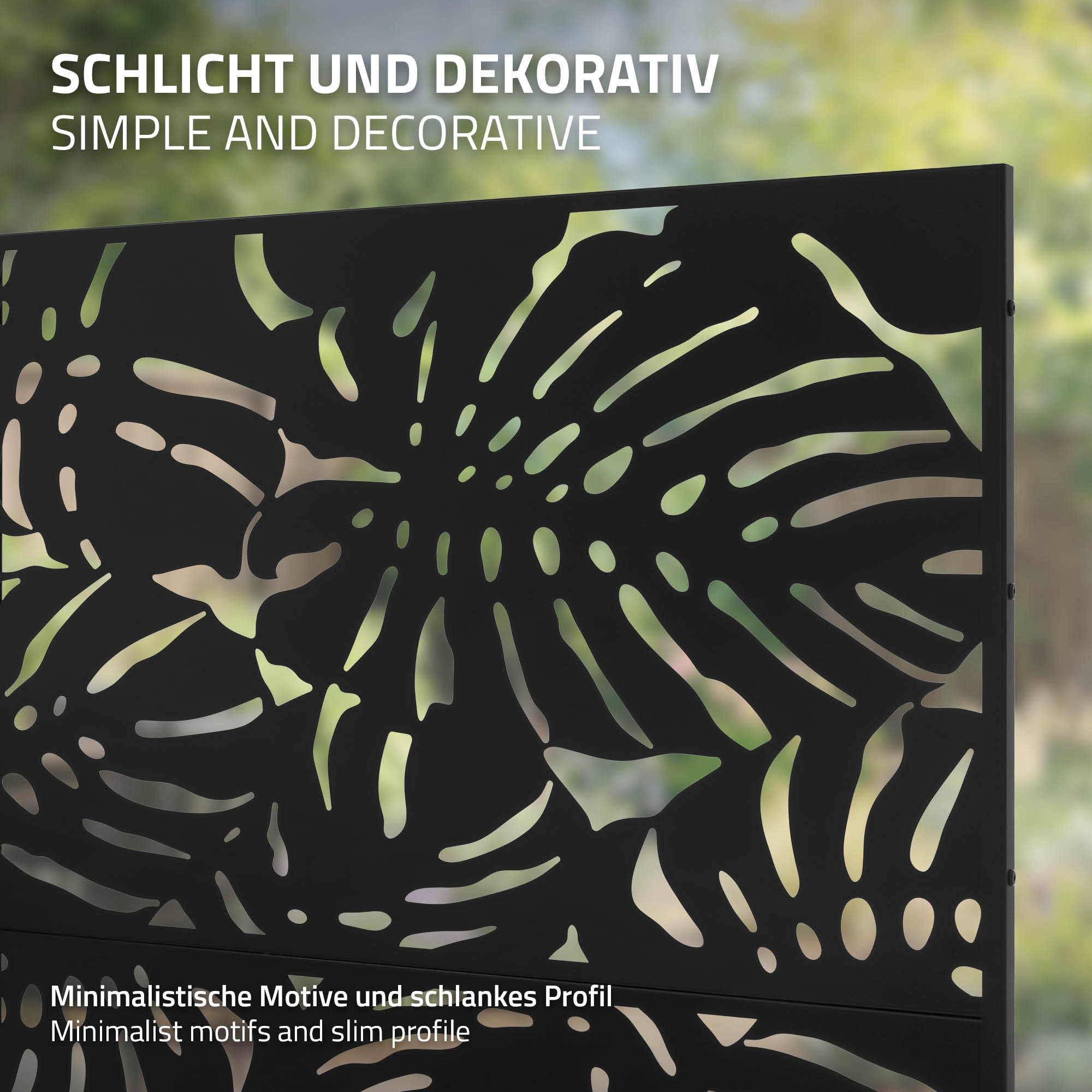 Schwarzes Metallpaneel mit Blattmuster-Ausstanzungen und Text.