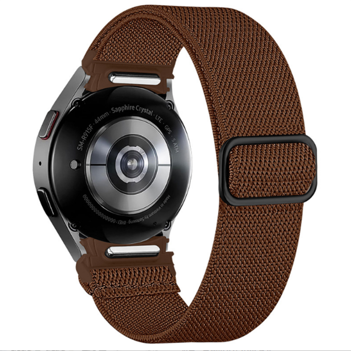 Rückseite einer Smartwatch mit braunem Stoffarmband und schwarzer Schnalle.