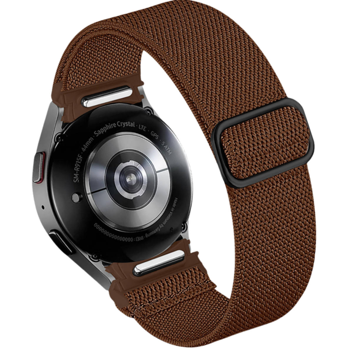 Braunes Stoffarmband an einer Smartwatch mit silbernem Gehäuse und schwarzem Hintergrund.