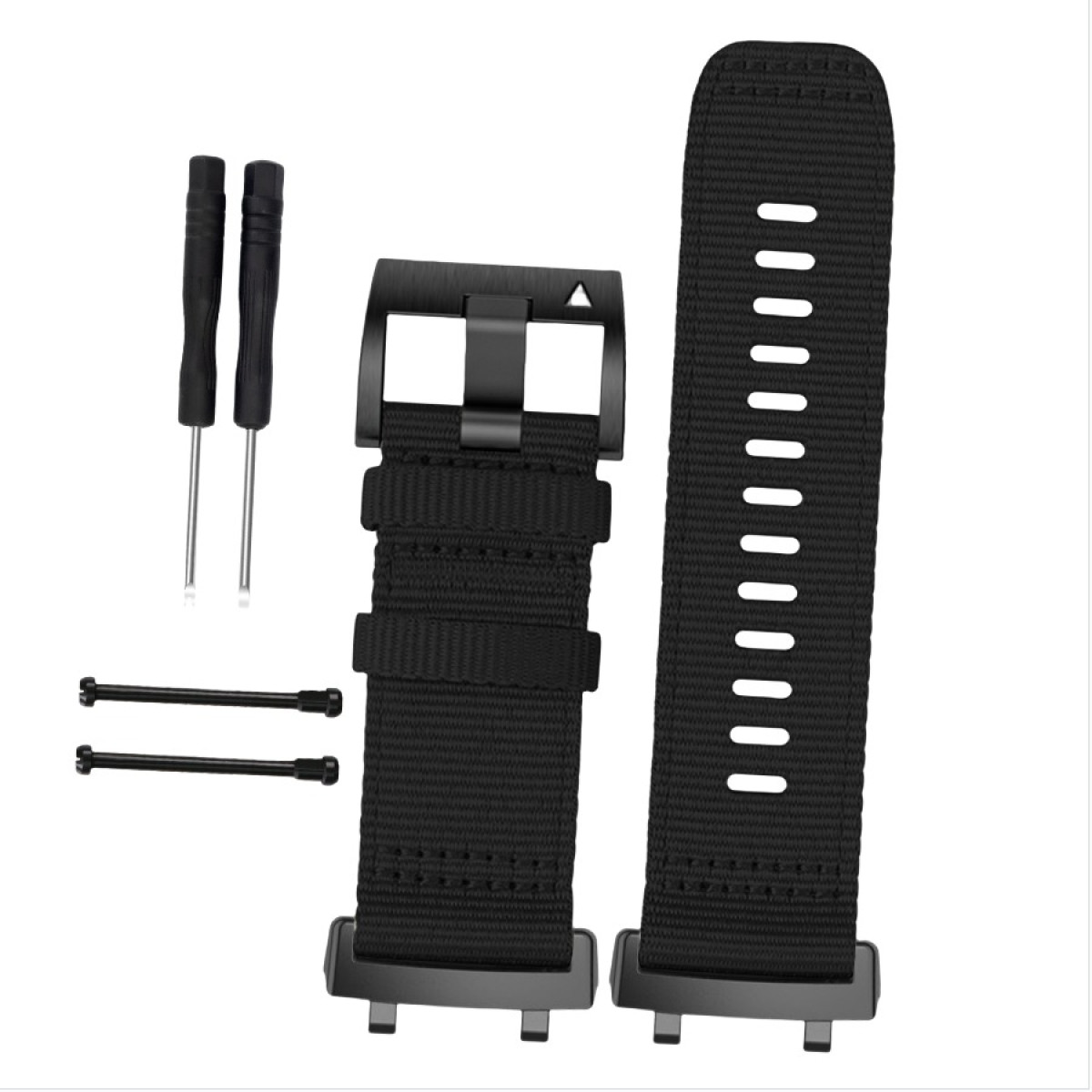 Schwarzes Uhrenarmband aus Stoff mit Werkzeug und Stiften.