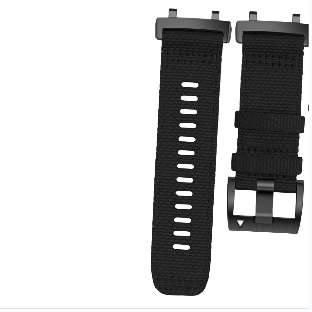 Zwei schwarze Uhrenarmbänder aus Stoff mit Metallschnalle und Lochung.