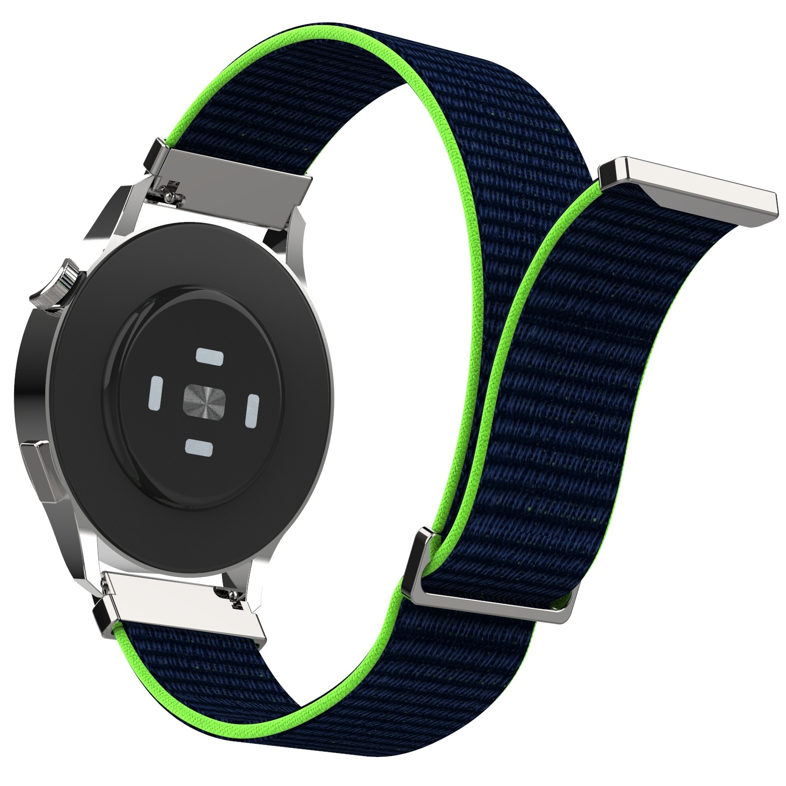 Rückseite einer Smartwatch mit dunklem Band und neongrüner Kante.