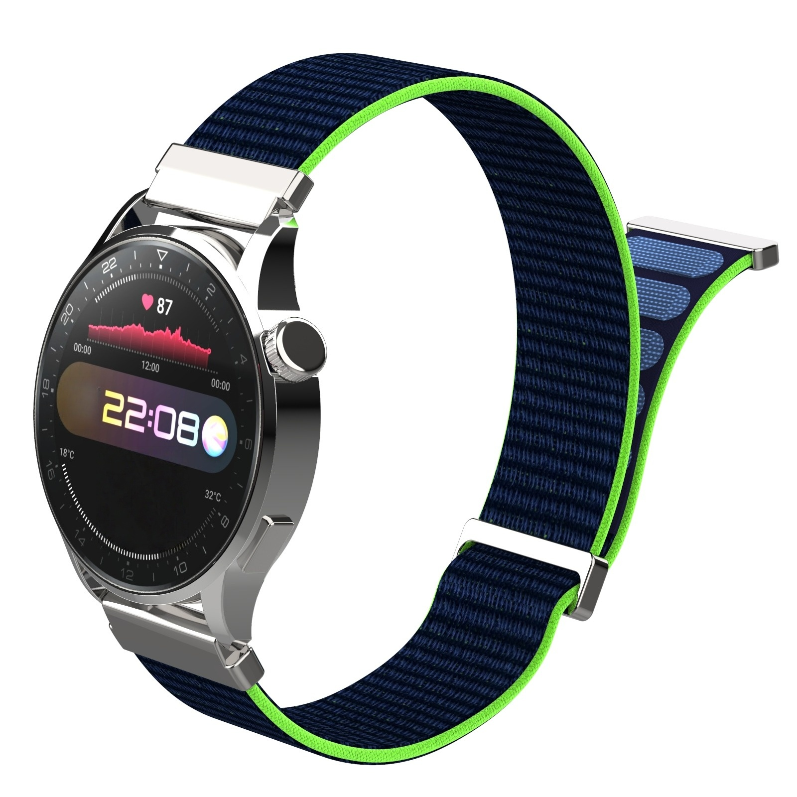 Silberne Smartwatch mit blauem Stoffarmband und neongrünen Akzenten. Zeigt 22:08 Uhr, Herzfrequenz 87.