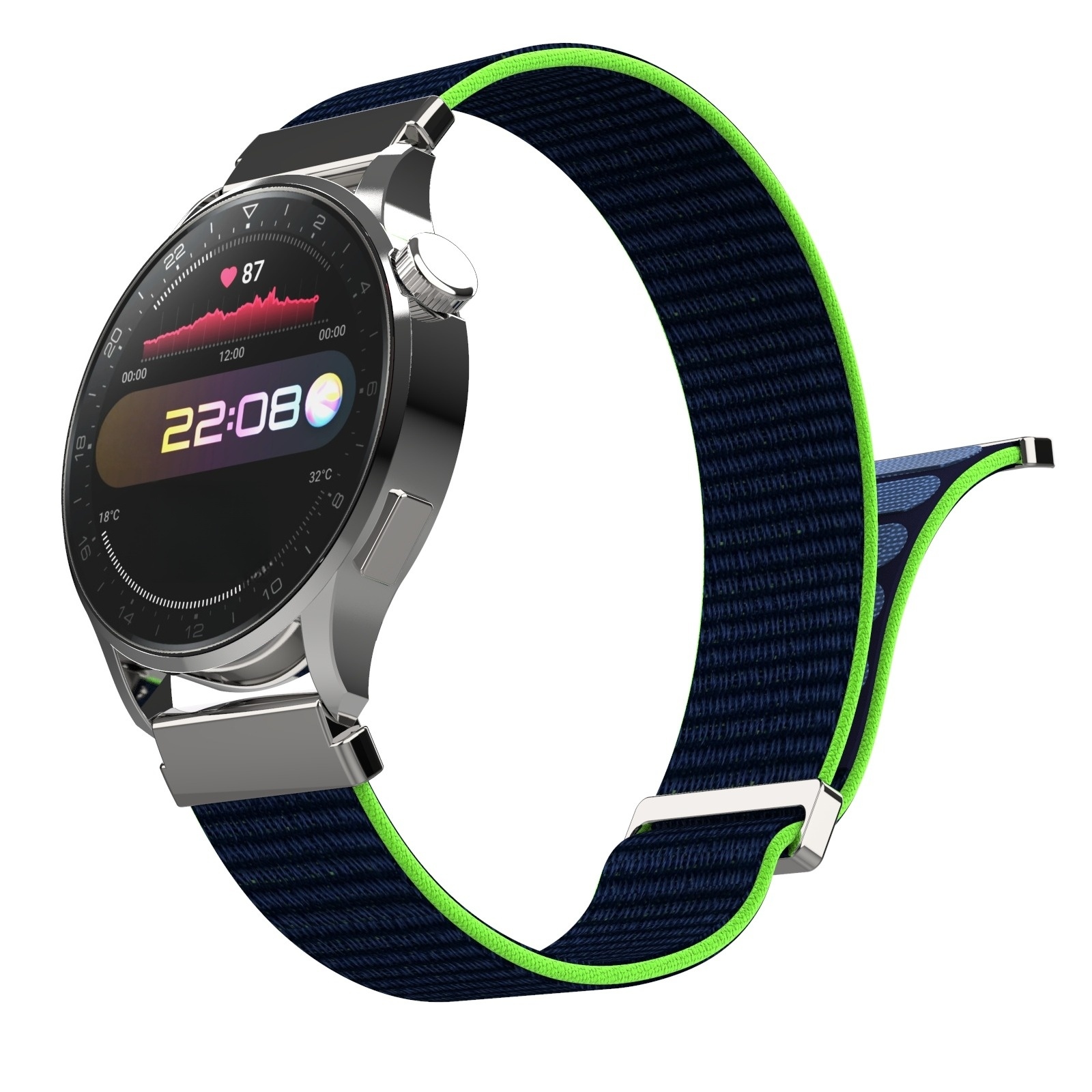 Eine silberne Smartwatch mit blauem Armband und grünen Akzenten zeigt 22:08 Uhr an.